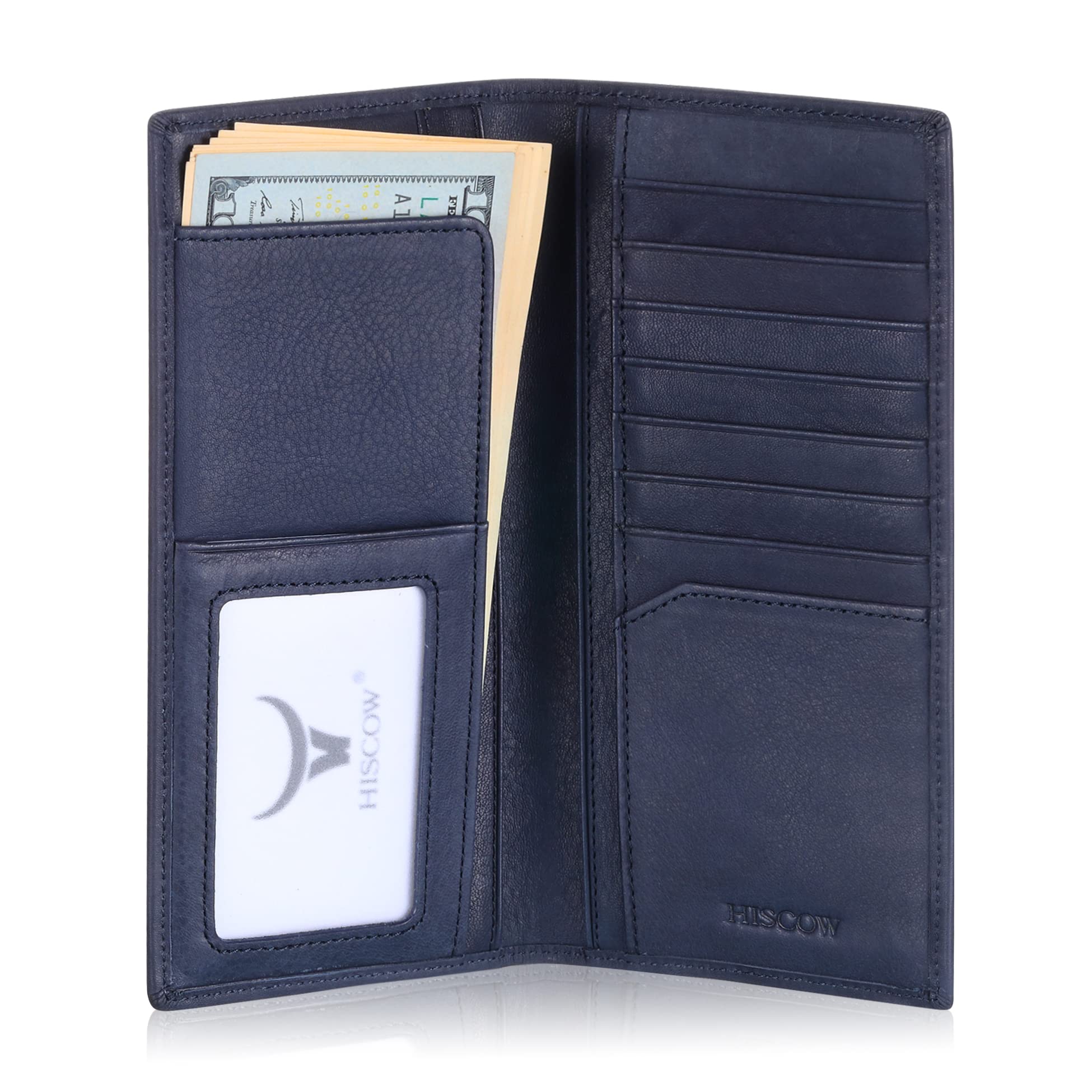 HISCOW Slim Leather Long Wallet for Men, Breast Pocket Wallet for Checkbook, Credit Cards (Aniline Leather Blue)