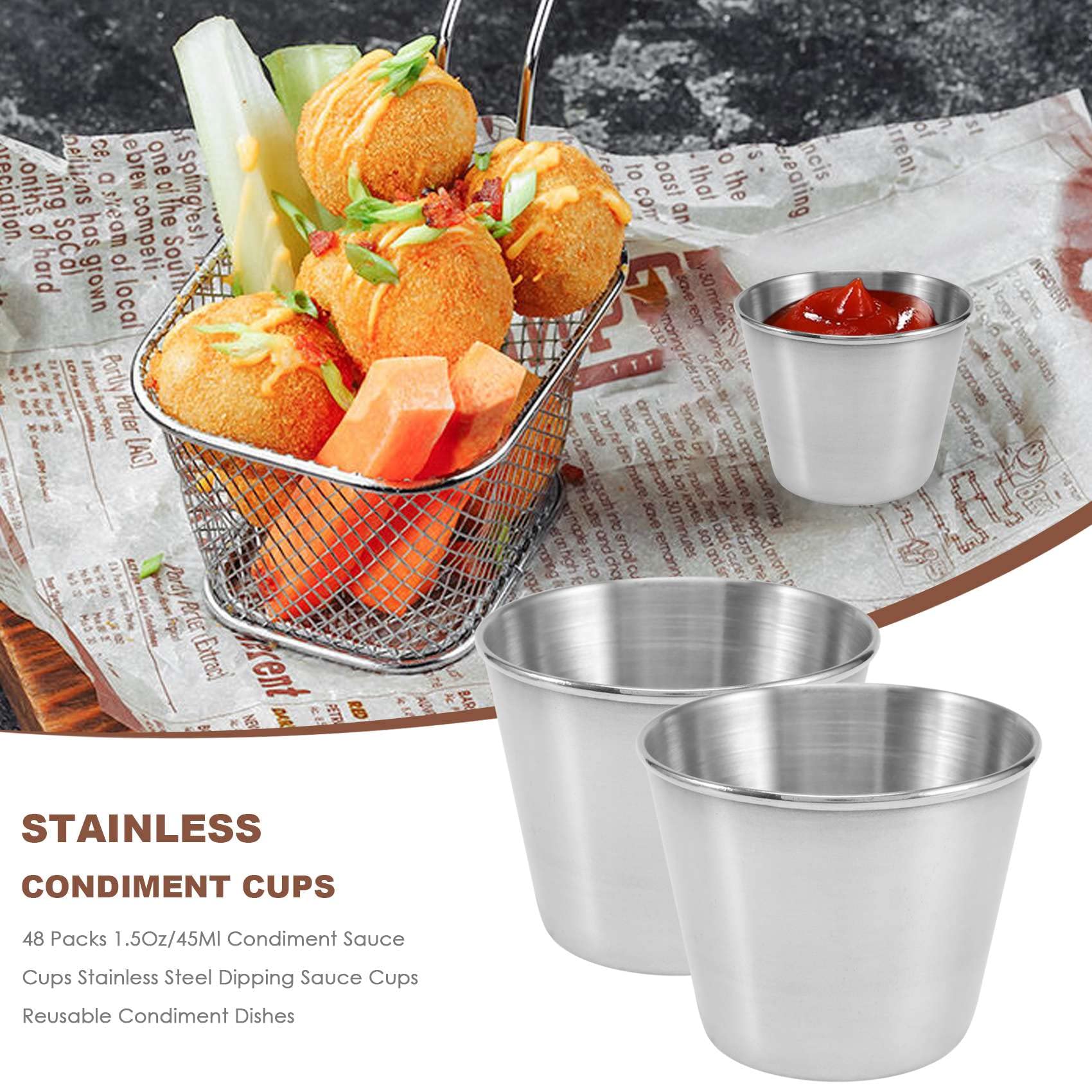 48 Paquets de 1,5 Oz/45 ML de Tasses à Sauce à Condiments en Acier Inoxydable Tasses à Sauce à Tremper Plats à Condiments RéUtilisables