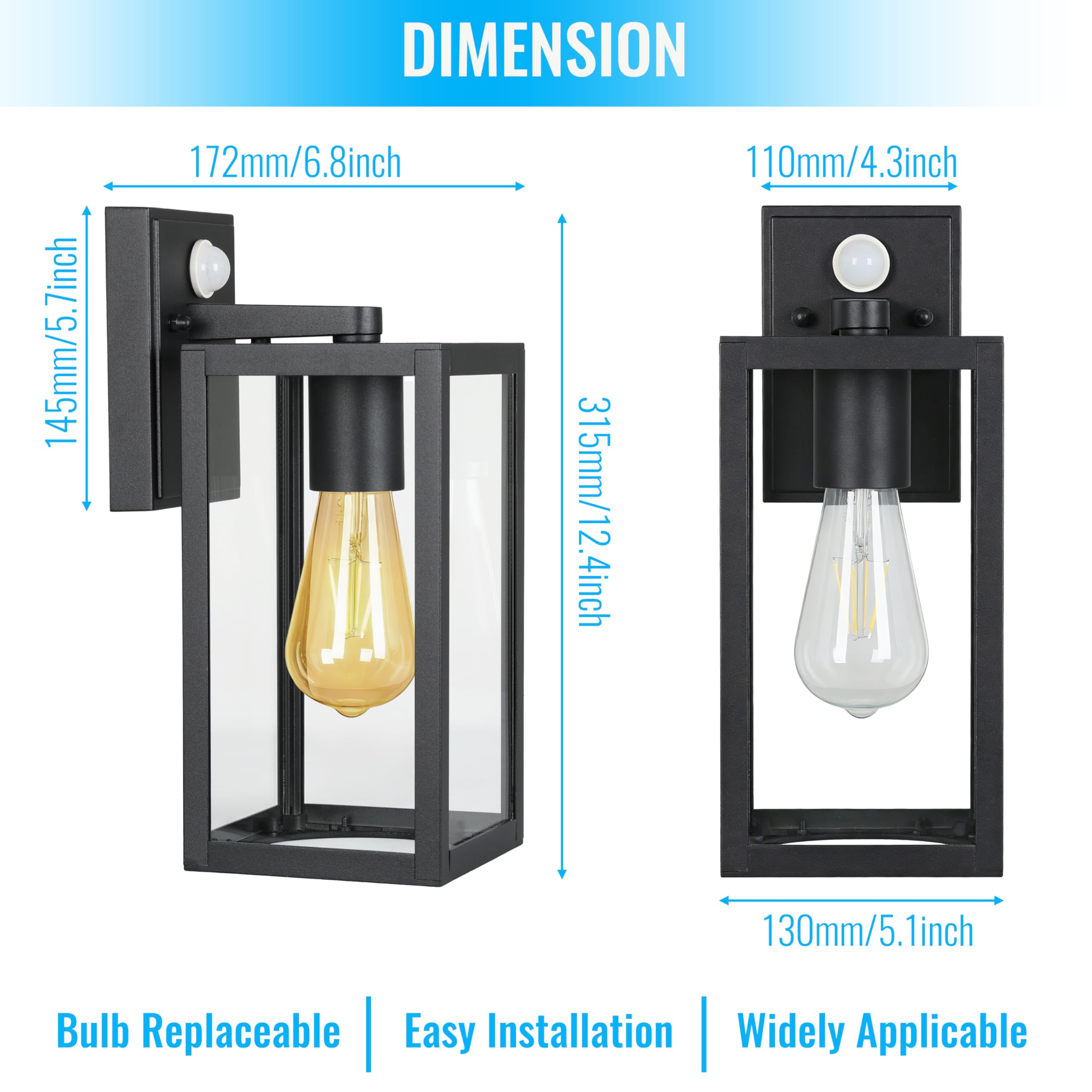 Zewnętrzna lampa ścienna z czujnikiem ruchu, lampa ścienna PIR zewnętrzna E27 czarna, 2 sztuki | Wysokiej jakości aluminiowy czujnik zmierzchu; do drzwi wejściowych, garażu lub tarasu. Światło bezpieczeństwa