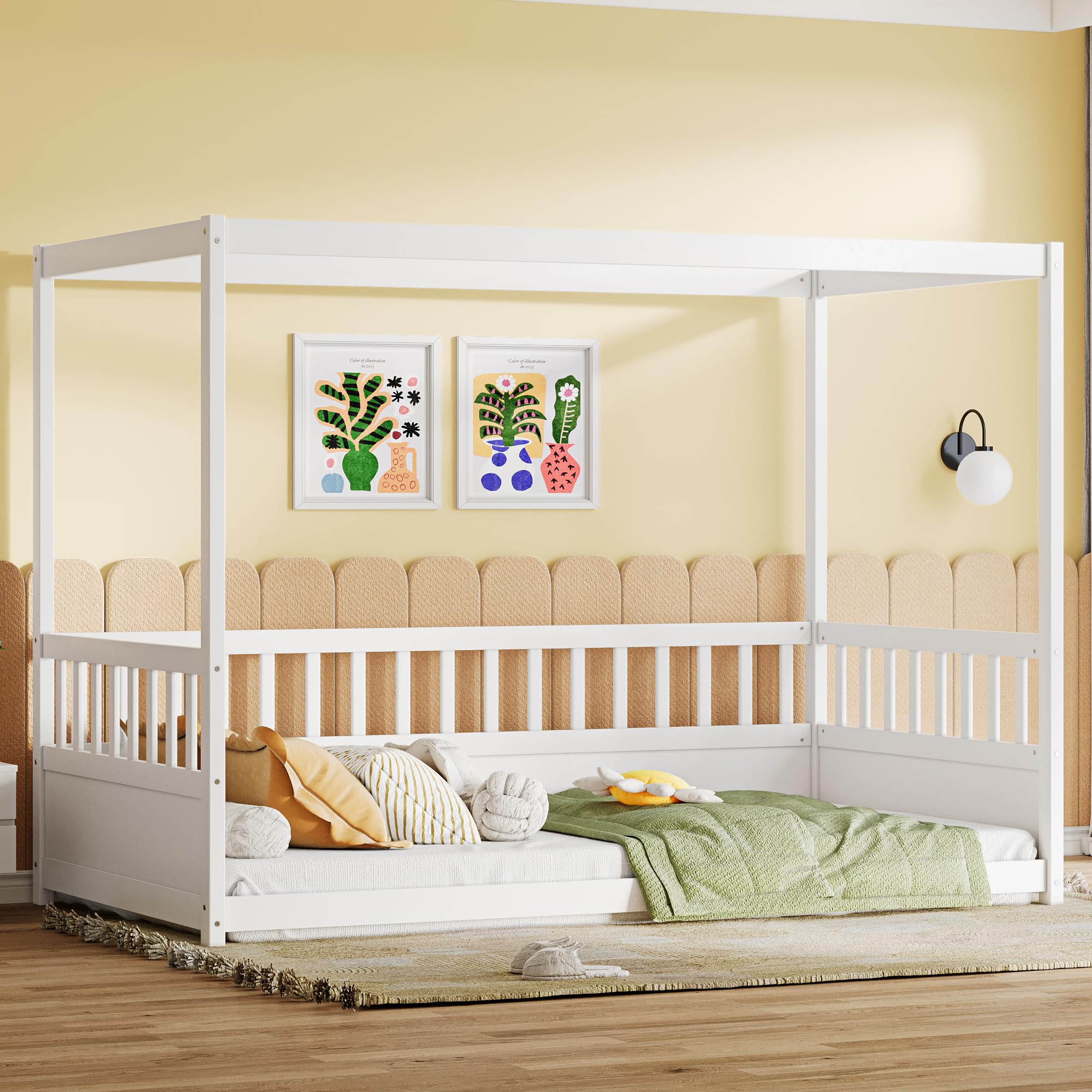 Ball & Cast Twin Size Montessori Floor Bed,Canopy Bed Frame with Guardrails,Wooden Four Poster Design with Safety Rails,Suitable for Bedroom,White