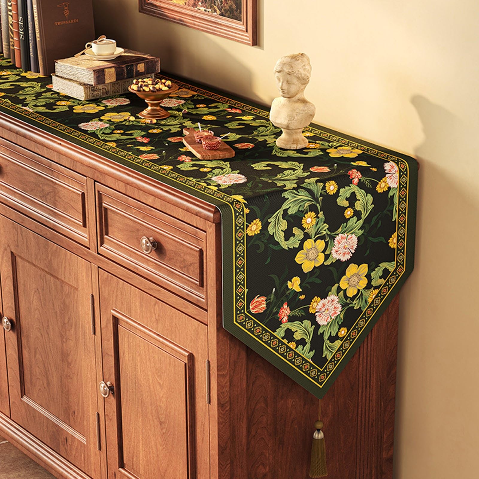 Lniany bieżnik na stół 30 x 200 cm, bieżnik na stół nowoczesny zmywalny wzór vintage kwiaty i liście z frędzlami dekoracje ślubne stoły kuchenne, ciemnozielony