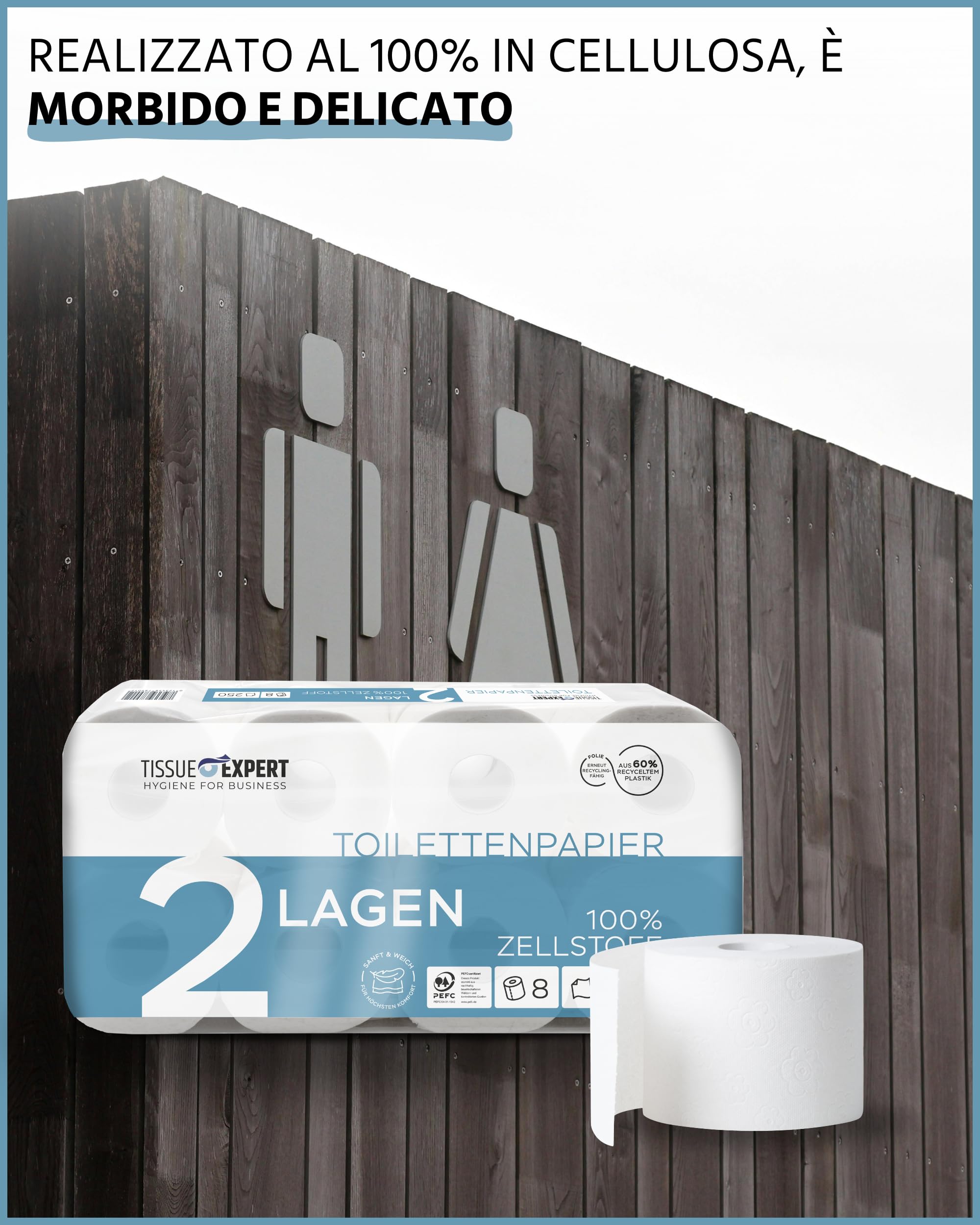 Carta igienica a 2 strati, 128 rotoli x 250 fogli, 100% cellulosa, carta igienica super morbida, confezione grande per uso commerciale, ideale per uso multiuso, imballaggio 60% PCR (128