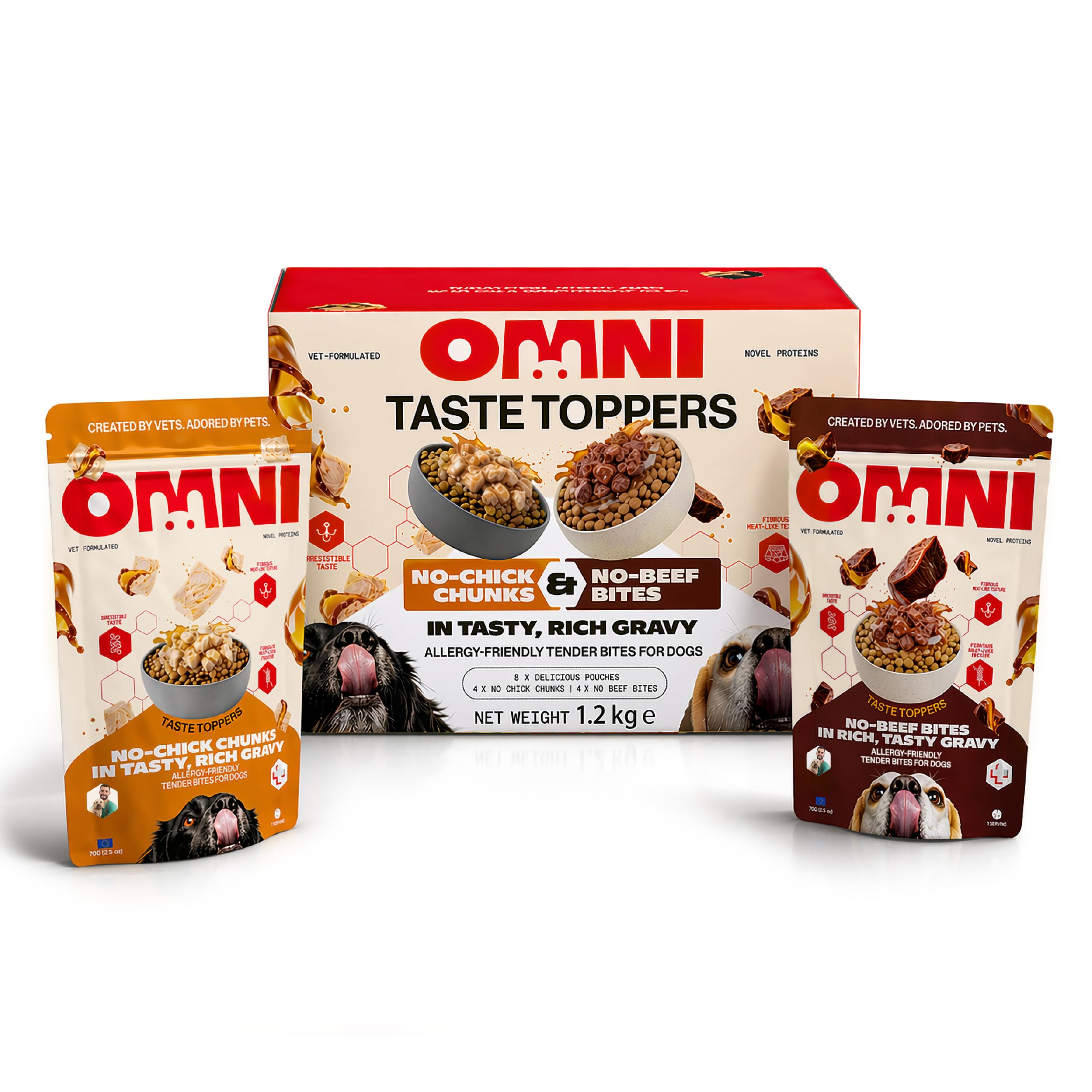 Omni Wet Dog Food Toppers - Dragons' Den Winners, Vet-Formulated Pouches to Use as Dog Treats or a Food Topper on Dry Food, Tasty Chunks in Gravy, 4 Months Plus - x4 No Beef Bites x4 No Chick Chunks