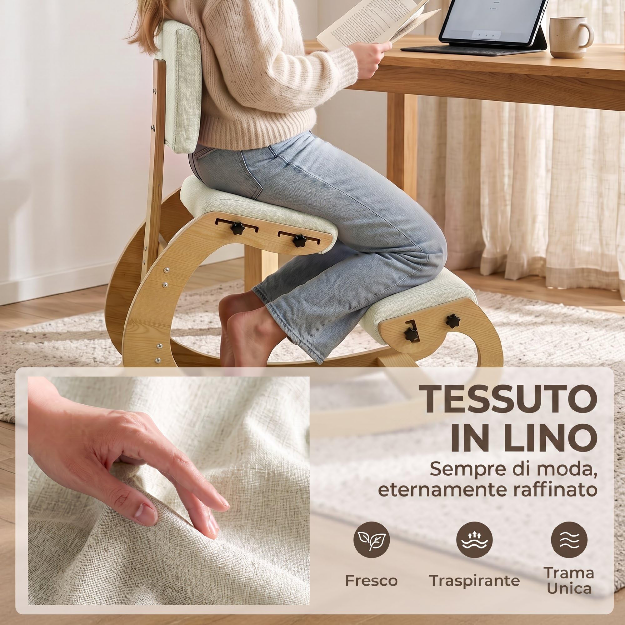 HOMCOM Silla ergonómica de Rodillas con Respaldo, Base Mecedora de Abedul, Tela Tipo Lino y Espuma, para casa/Oficina, Blanco Crema