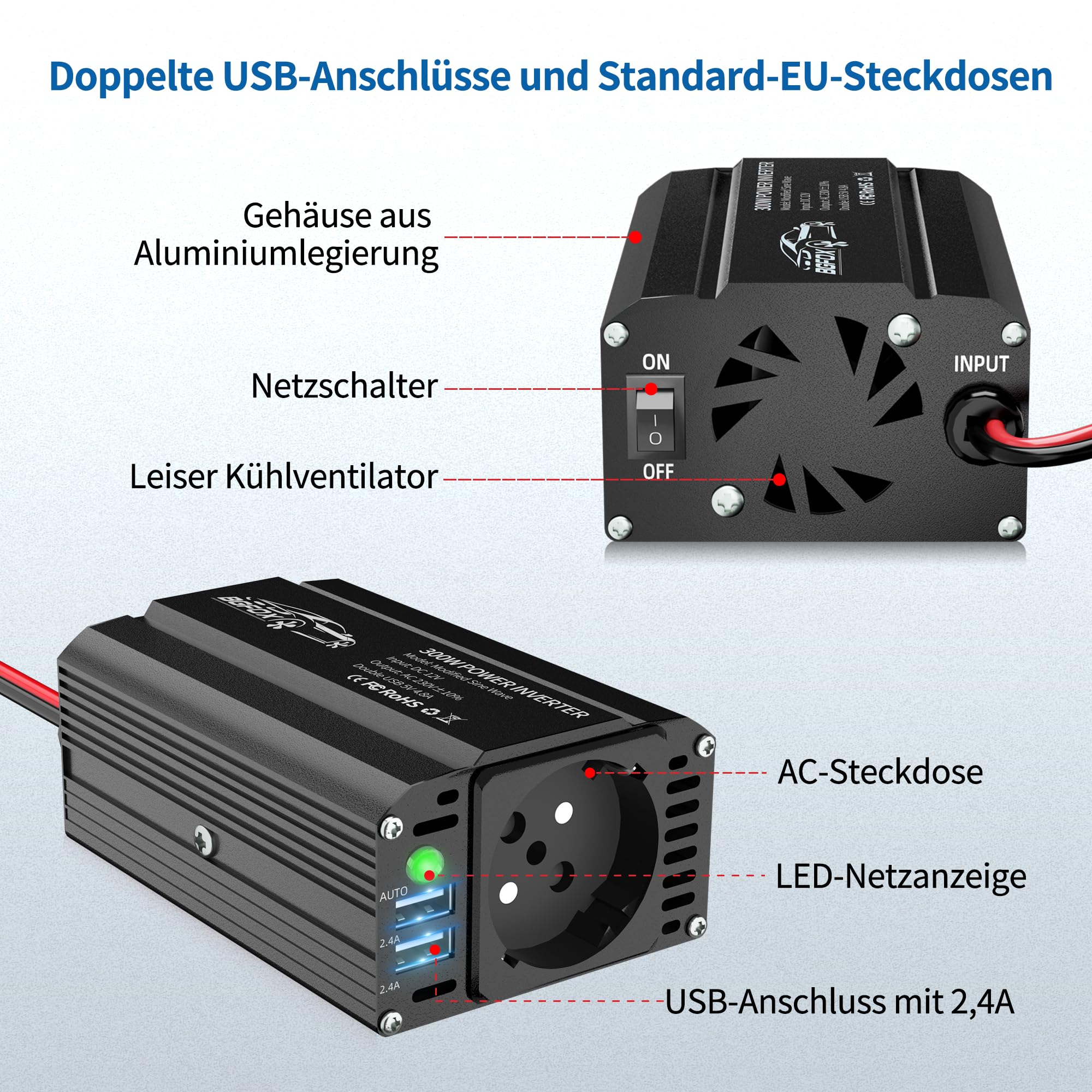 Przetwornica napięcia 300 W DC 12 V na 230 V AC, falownik zmodyfikowany sinusoidalny z podwójnym złączem USB 4,8 A, ładowanie laptopa, do iPhone'a, iPada, tabletu i wielu innych - czarny