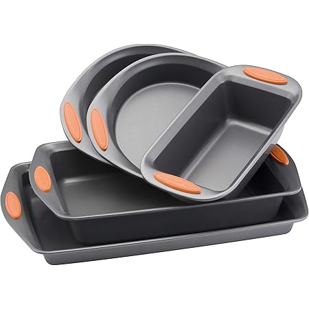 Rachael Ray 55673 Nonstick Bakeware Set with Grips includes Nonstick Bread Pan, Baking Pans and Cake Pans - 5 Piece, Gray with Orange Grips