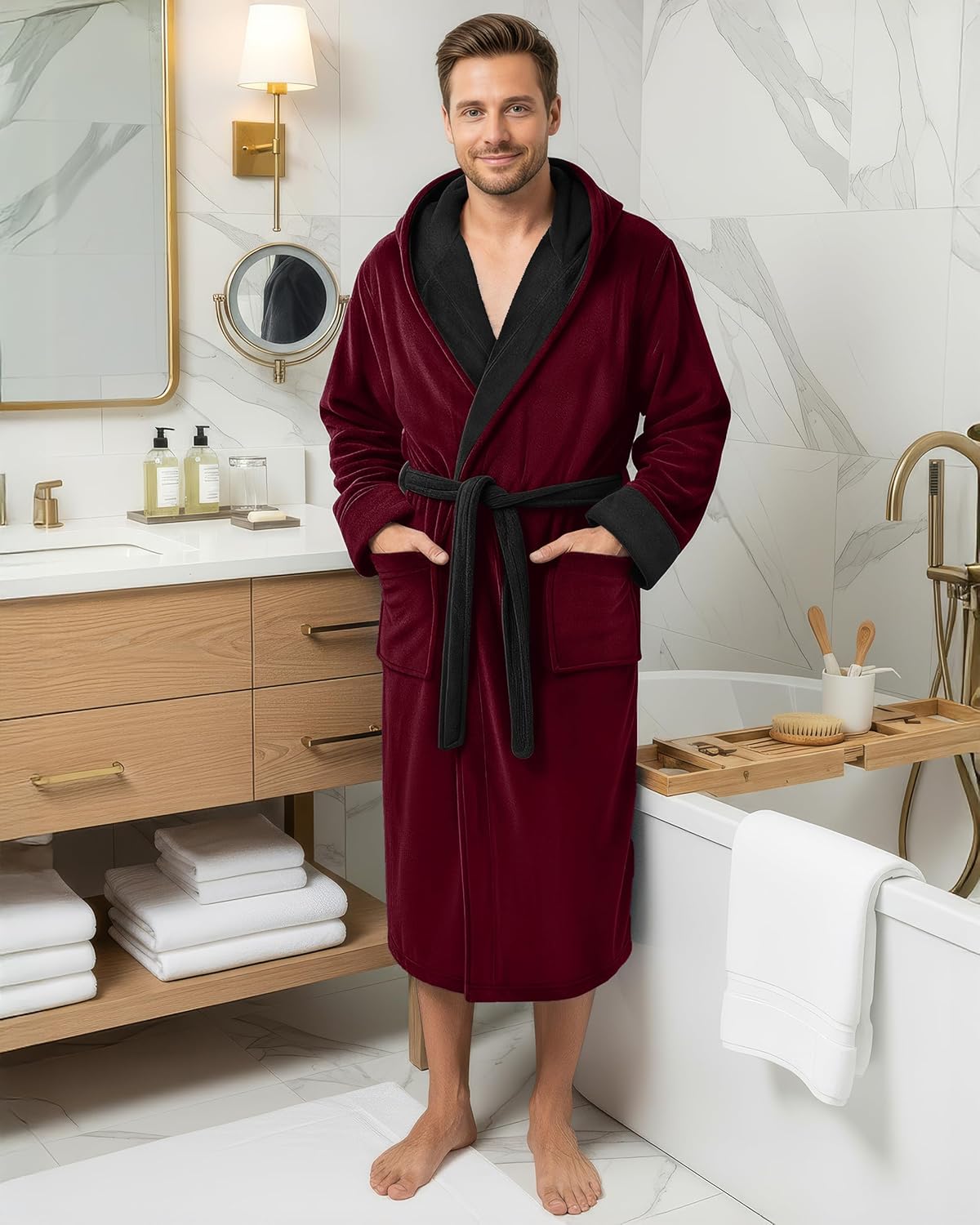 NY Threads Mens Robe with Hood, Luxury Plush Fleece Hooded Mens Bathrobe, Spa Bath Robe for Men - Image 2