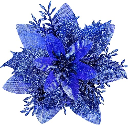 15 Piezas Flores de Navidad Artificiales Decoraciones de Flor de Pascua con Clips y Tallos, Decoraciones de Flor de Pascua de Navidad con Purpurina,