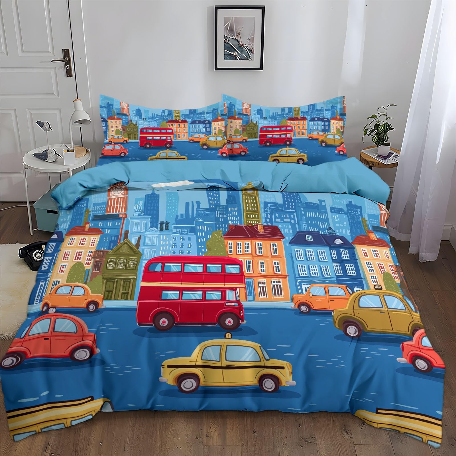 Funda Nórdica Dibujos Animados Paisaje Urbano Autobús Dos Pisos Azul Claro 150 x 220 cm Ropa de Cama 3 Piezas, Juego de Funda Edredón para Cama 90, para Habitación Infantil De Chicos Y Adolescentes