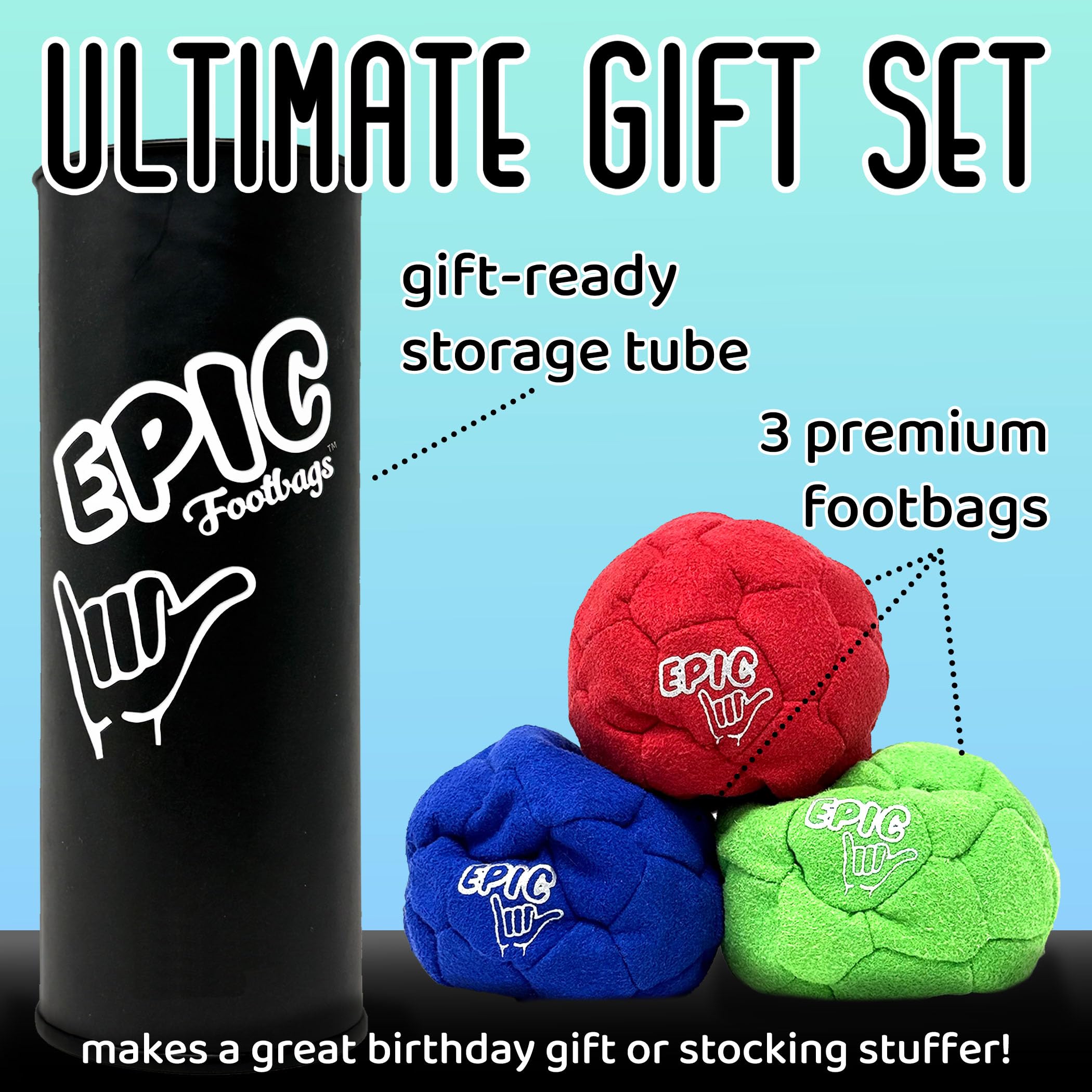 Epic Hacky Sack Balls, 3 Footbag Gift Set with Storage Tube