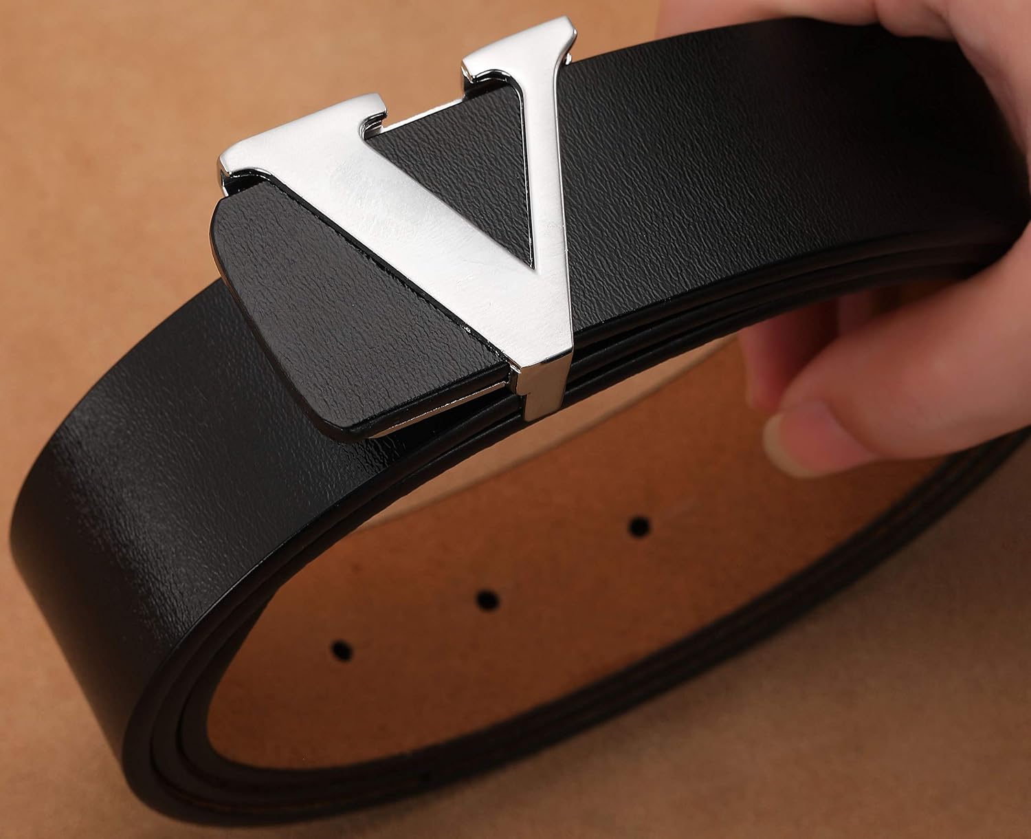 Men's Classic Gold/Silver V-Buckle Design Soft Calfskin Belt - Image 4