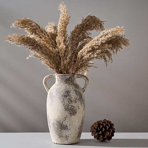 Ceramic Vase, 9.84 Inch Terracotta Vase with Handles, Boho Decor Decorative Vase, Rustic Vase for Home Decor, Farmhouse, Living Room, Table - Gray