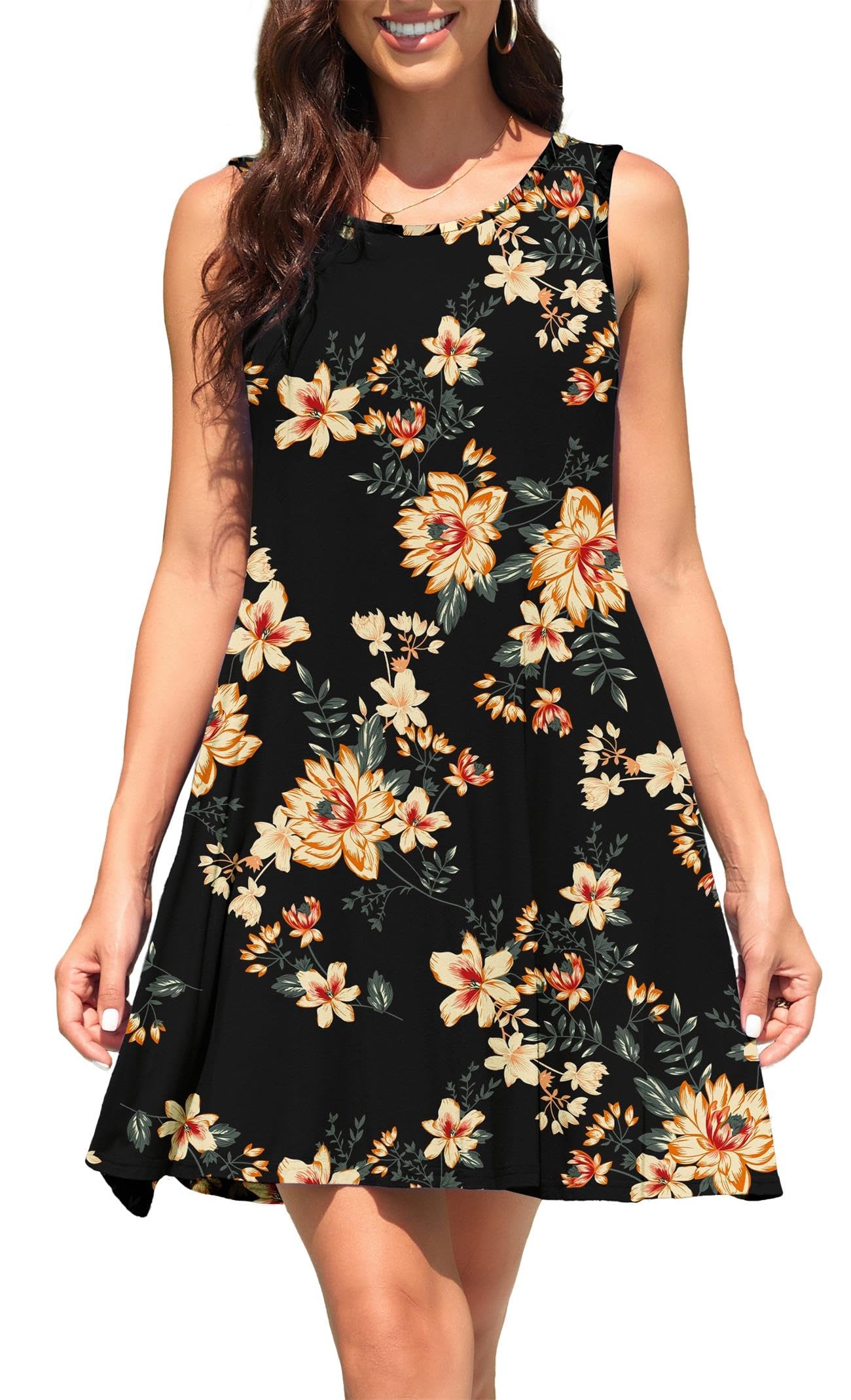 Actcat Strandkleid Damen Sommer Ärmellos Rundhals Leicht Luftig Casual Kleid mit Taschen Lässiges T-Shirt-Kleid