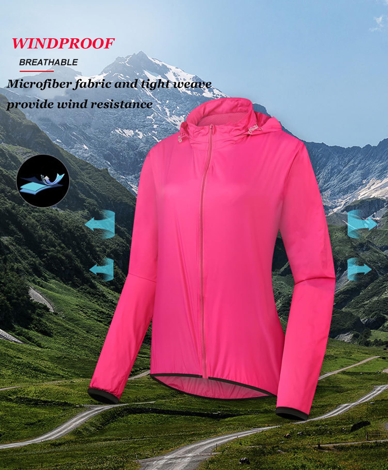 Veste de Cyclisme avec Capuche Cachée Femme, imperméable Hauts de Vélo de Montagne Haute Visibilité Coupe-Vent pour Randonnée, Course, Camping, Équitation, Rose Red-XXL