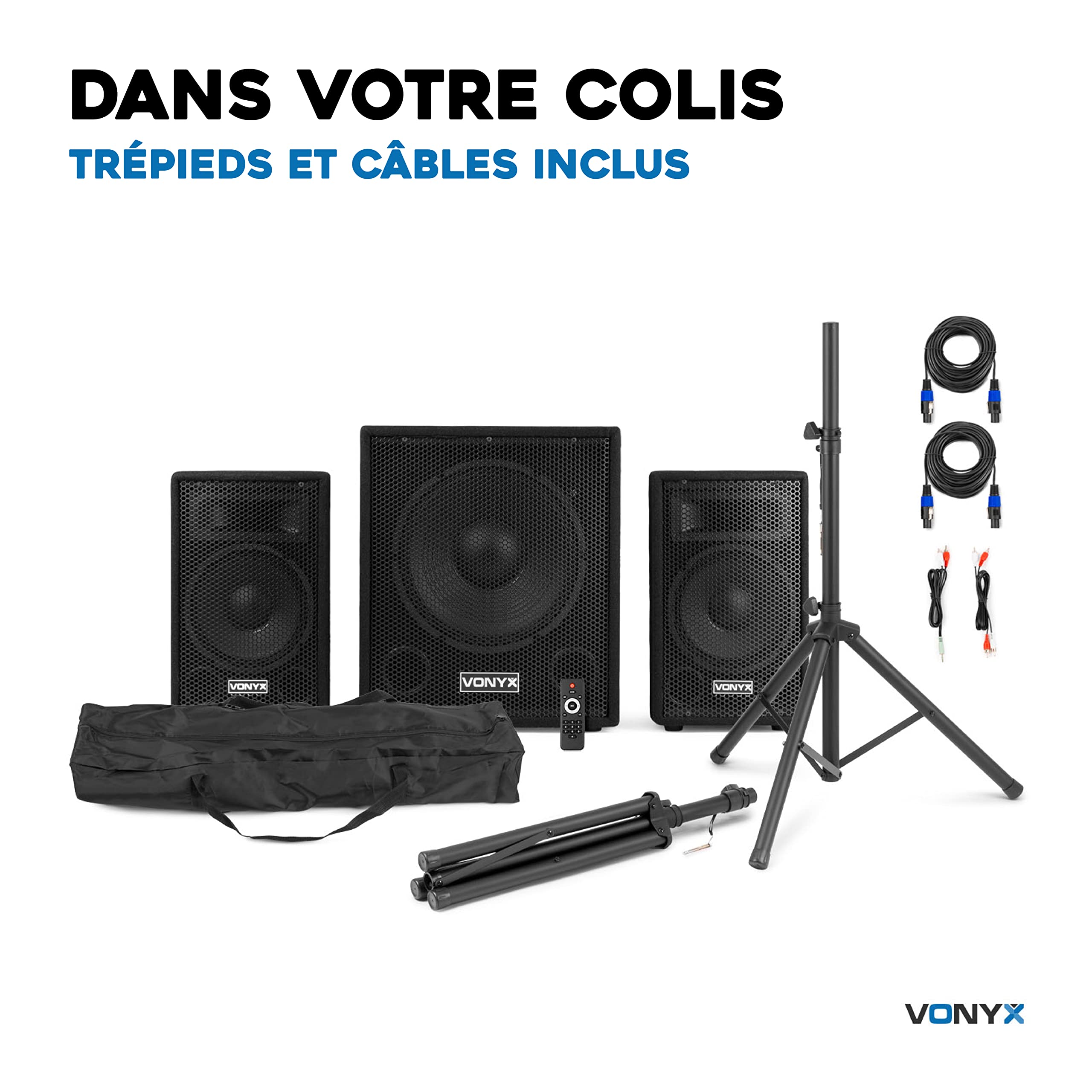 VONYX VX0812BT Pack Sono DJ Actif 2.1-800W, 8Ohm, avec Bluetooth, Subwoofer 12 Pouces, 2 Enceintes 8 Pouces, Égaliseur de Son, Lecteur MP3 USB/SD, Idéal pour Vos Soirées et Vos Évènements