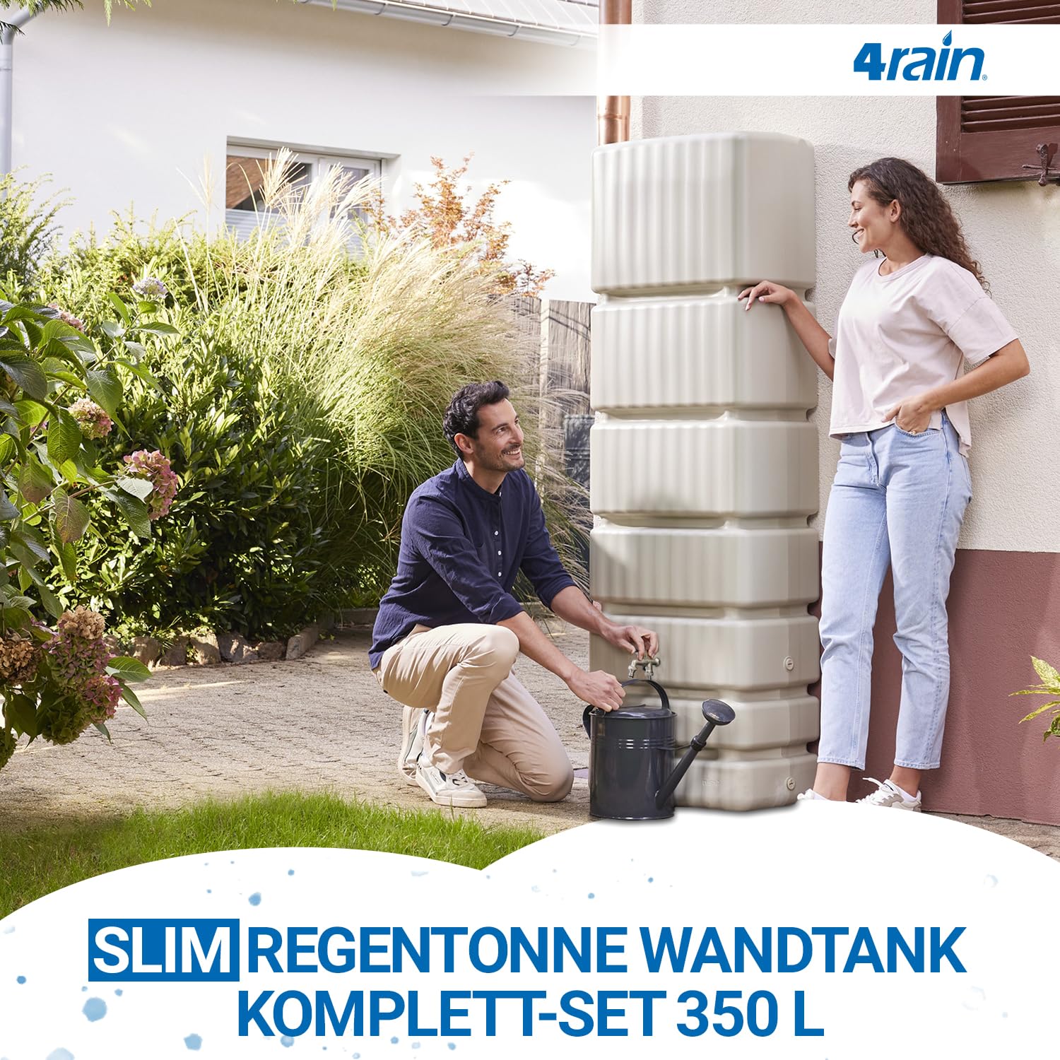 4rain Slim Regentonne Wandtank Komplett-Set 350 Liter sandbeige