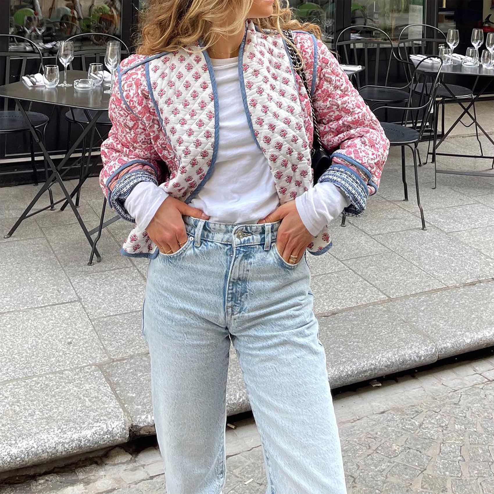 Chaqueta acolchada recortada para mujer, ligera, con estampado floral, abrigo acolchado frontal abierto, prendas de vestir cálidas de invierno