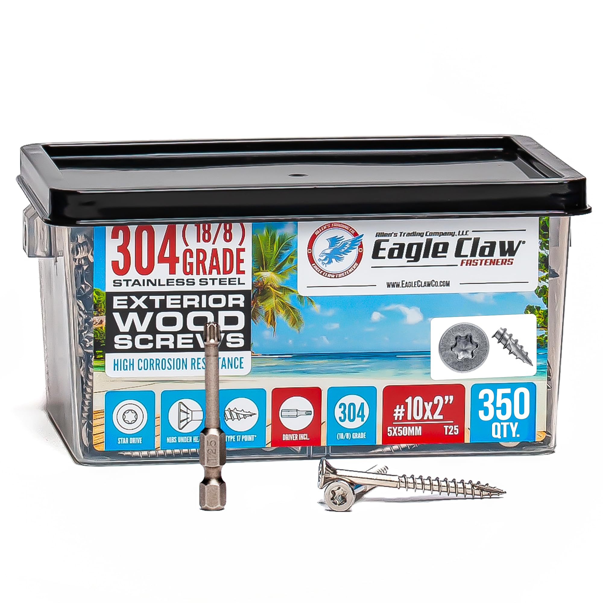 #10 x 2 Inch Stainless Steel Deck Screws | 304 Grade (350 Pack) | Flat Head T25 Star Torx Drive | Stainless Steel Wood Screws by Eagle Claw Fasteners | Corrosion & Rust Resistant (Includes Driver Bit)