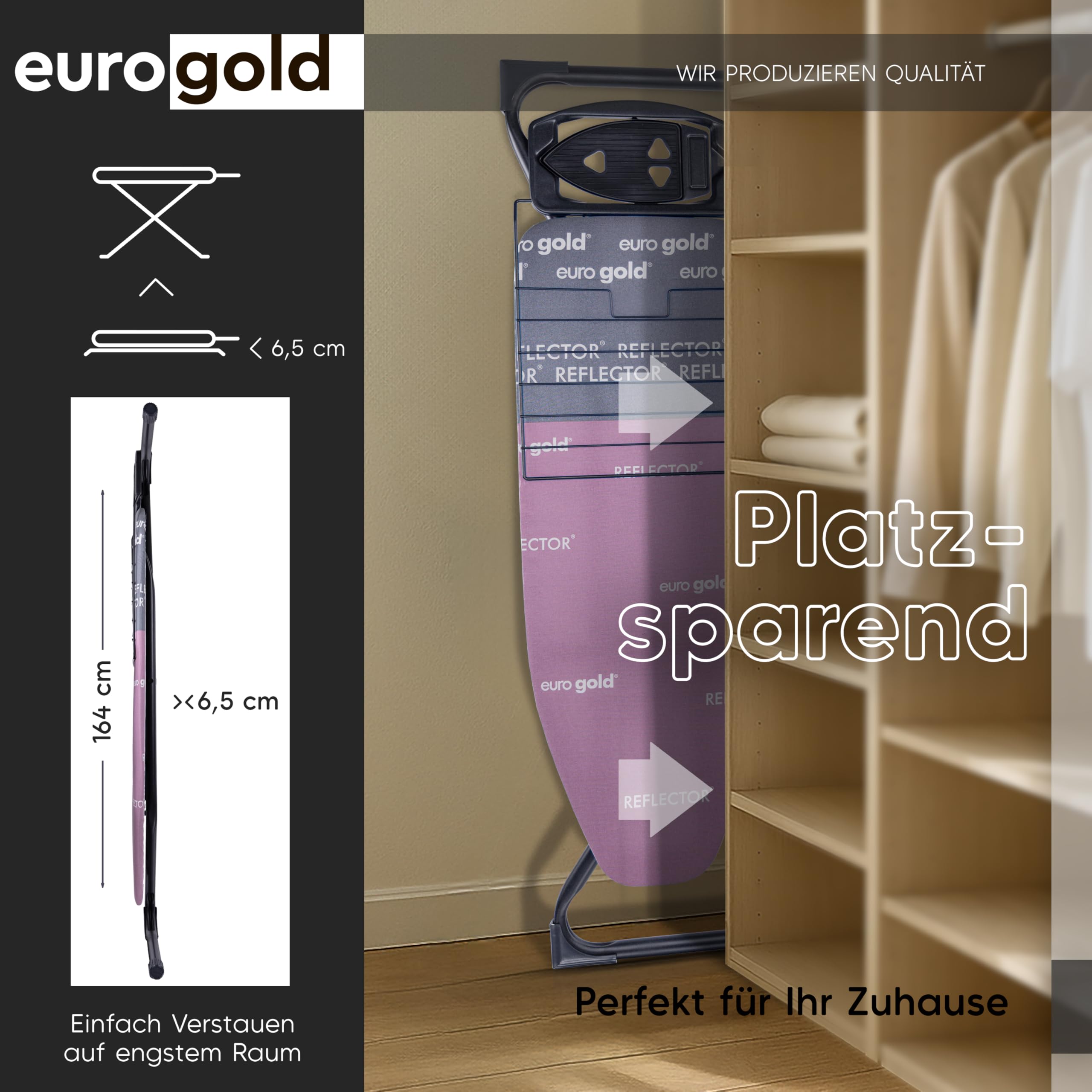 EUROGOLD Bügeltisch 120x42 cm – Großes Bügelbrett höhenverstellbar mit Reflektor-Bezug für effizientes Bügeln, TÜV-Zertifiziert, Made in Europe, Ironing Board (Paris Pink)
