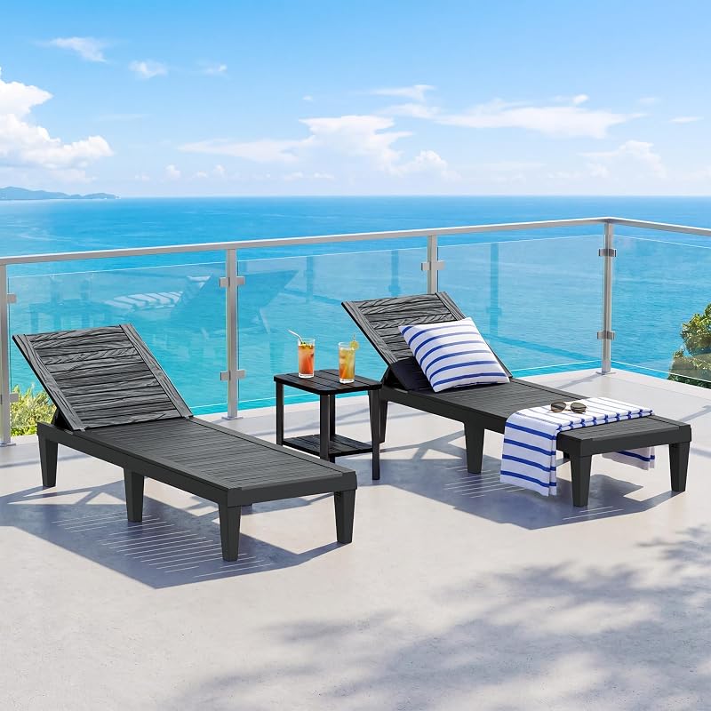 Outdoor Chaise Lounge Chair Set of 2, Black | 5-adjustable position, all weather resin, lightweight, tanning lounge chairs for pool, patio, beach, outside