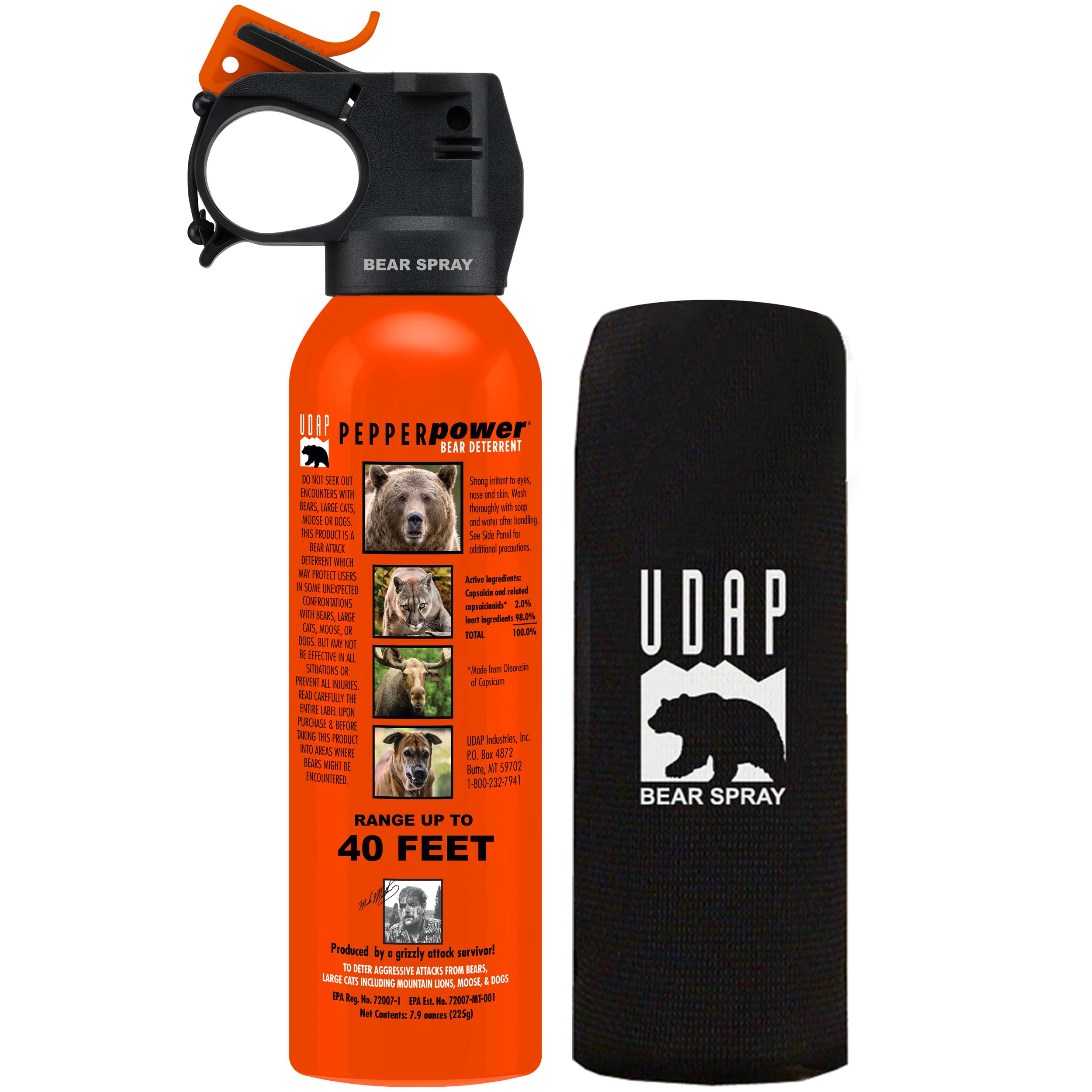 UDAP Pepper Power 12VHP Safety Orange Bear Spray Self Defense Deterrent with Hip Holster and Belt for Camping, Hiking, Fishing, Powerful Blast Pattern, 40 feet Fog Barrier, 7.9 oz (Pack of 2)