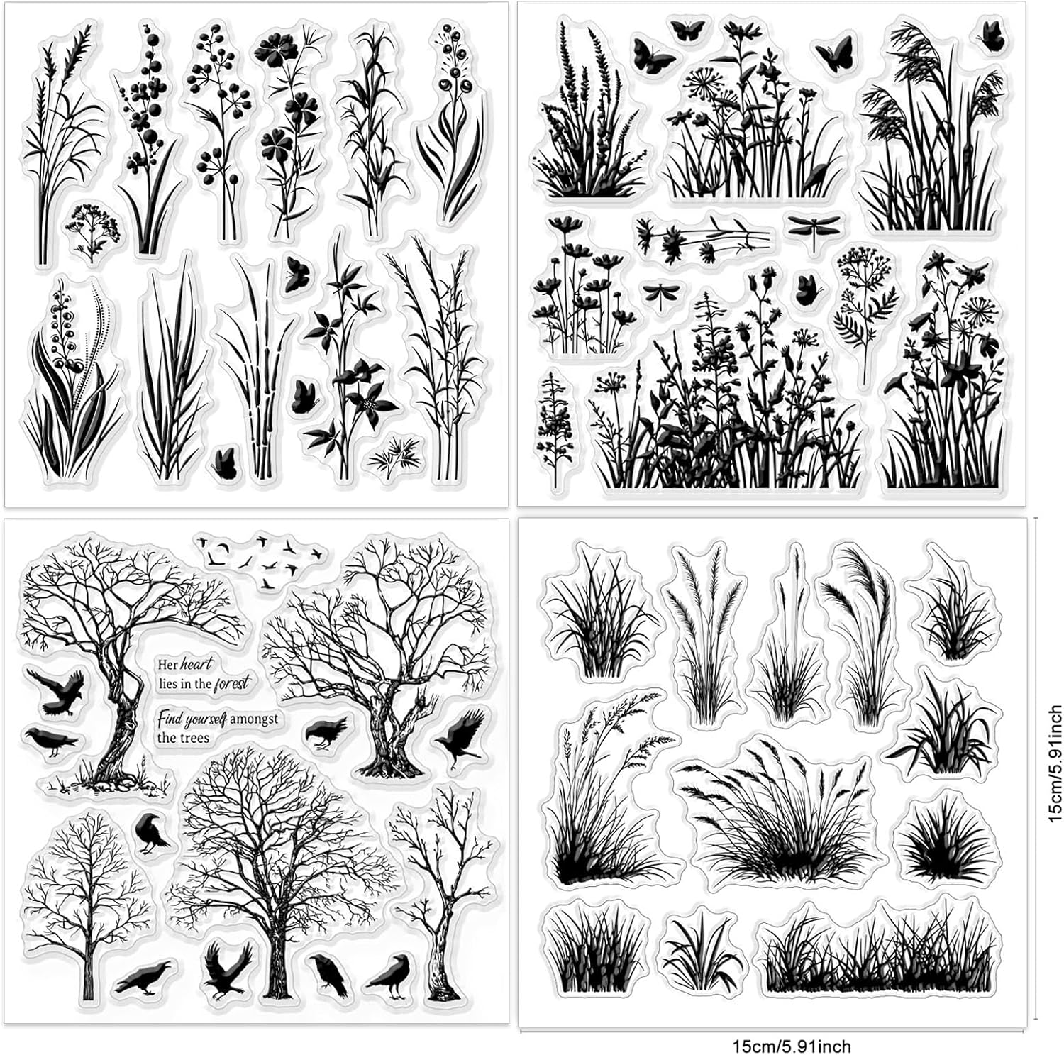 GLOBLELAND 4 Sheets 5.9x5.9 Inch Wildflower Silhouette Clear Stamp for Scrapbooking Grass Silhouette Silicone Stamps Tree Bird Transparent Stamp Set for Card Making DIY Embossing Journaling