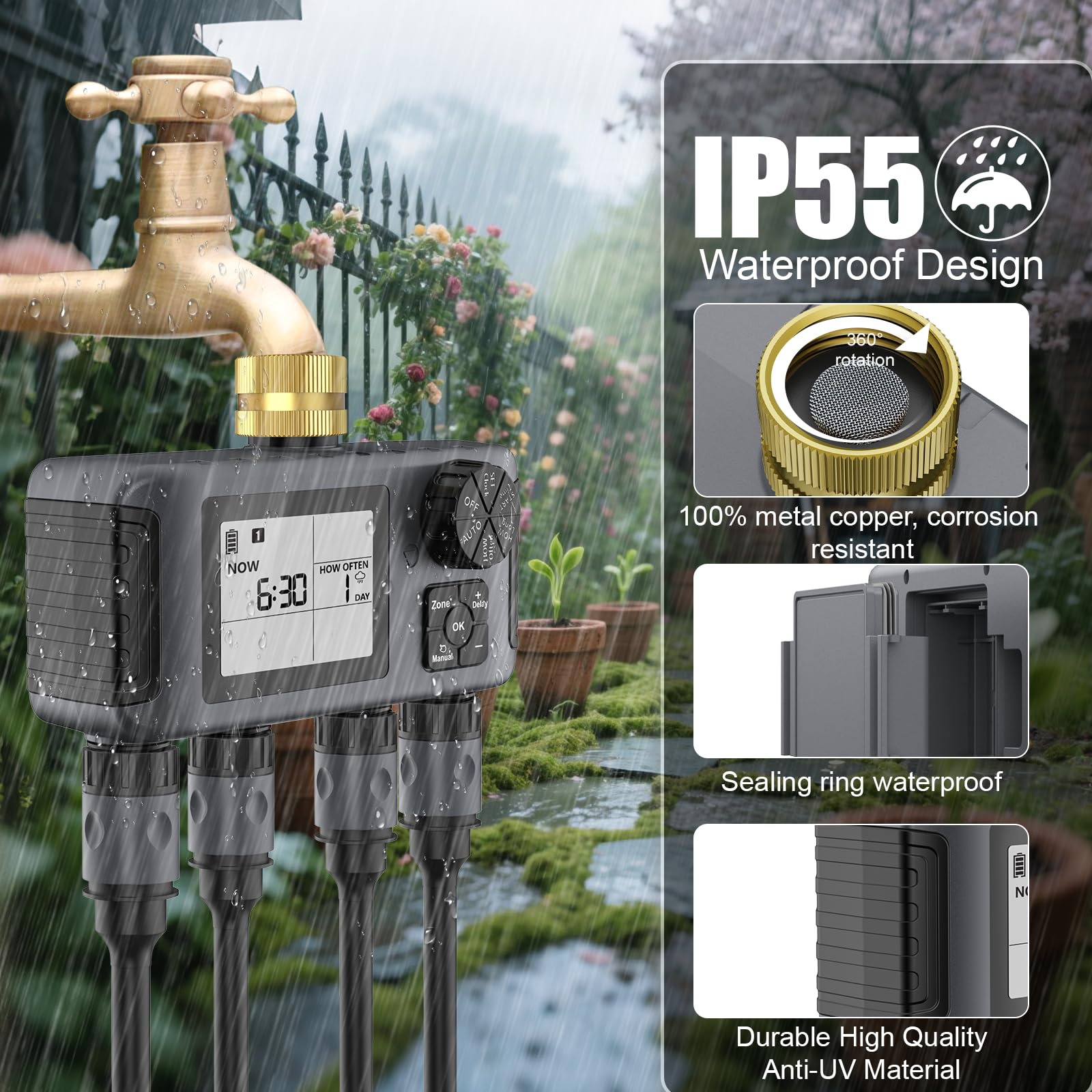 Haozee Irrigazione computer 4 uscite, timer da giardino con ritardo della pioggia/modalità automatica e manuale, IPX5 impermeabile/grande display LCD controllo di irrigazione
