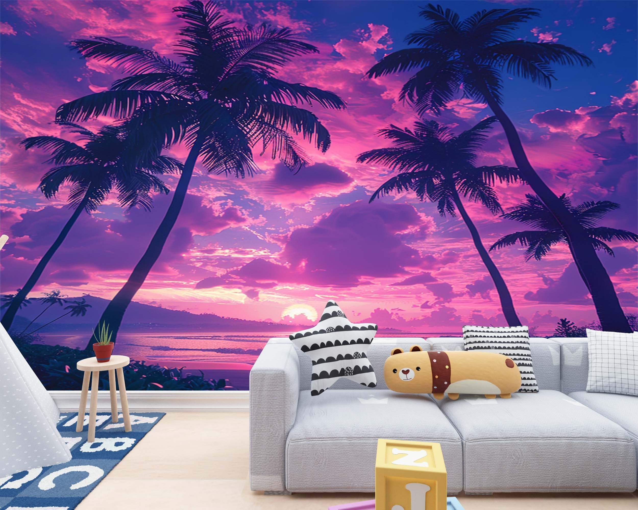 Papier Peint 3D Coucher De Soleil pour Agrandir un Petit Salon avec Mur Violet