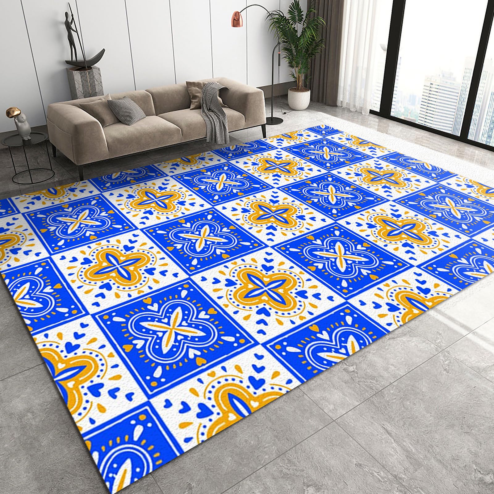 QDJKBL Area Rugs 150 x 240 cm Bohemian Ethnic Pattern, 3D Blue and White Retro Geometric Tile Print Carpet Runners, Non-Slip Carpet Fuzzy Plush Soft Shaggy for Kids Room Hallways