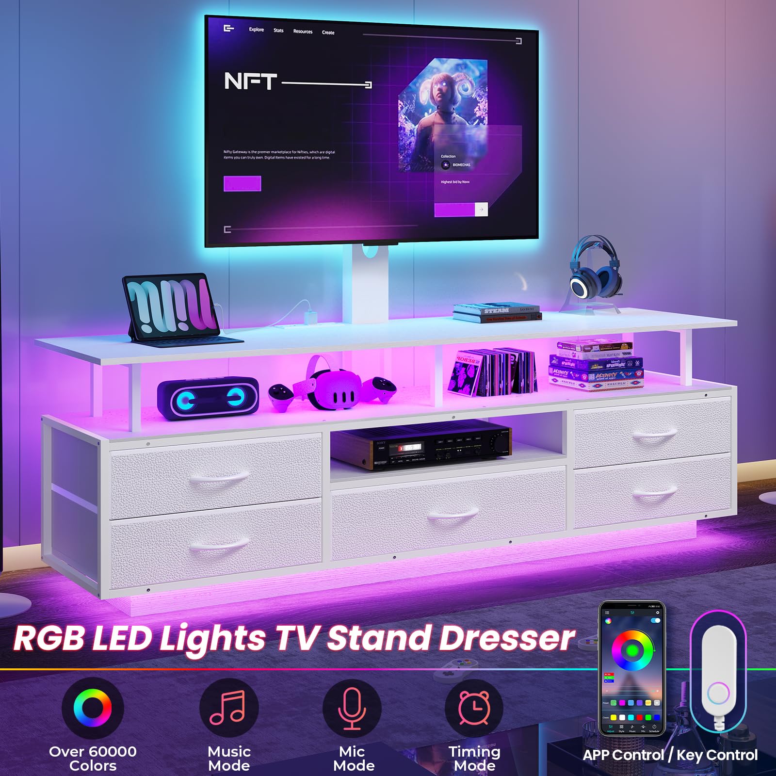 BTHFST TV Stand with Mount for 45/55/65/70 inch TVs, 51.2" LED TV Stand with Power Outlets & Storage, Entertainment Center with Storage, Wihte