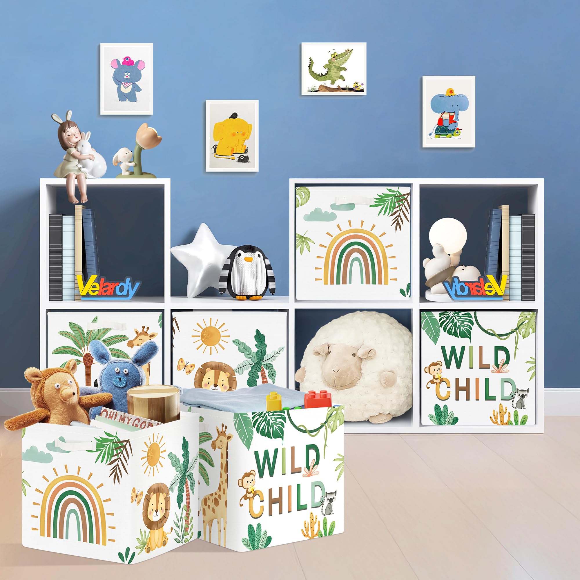 30cm Aufbewahrungsbox 3 Stück Boho Tier Giraffe Löwen Aufbewahrungskorb Kinder Falt Tropische Blätter Palmen mit Griffen Aufbewahrungswürfel Organizer für Spielzeug Bücher Kleidung