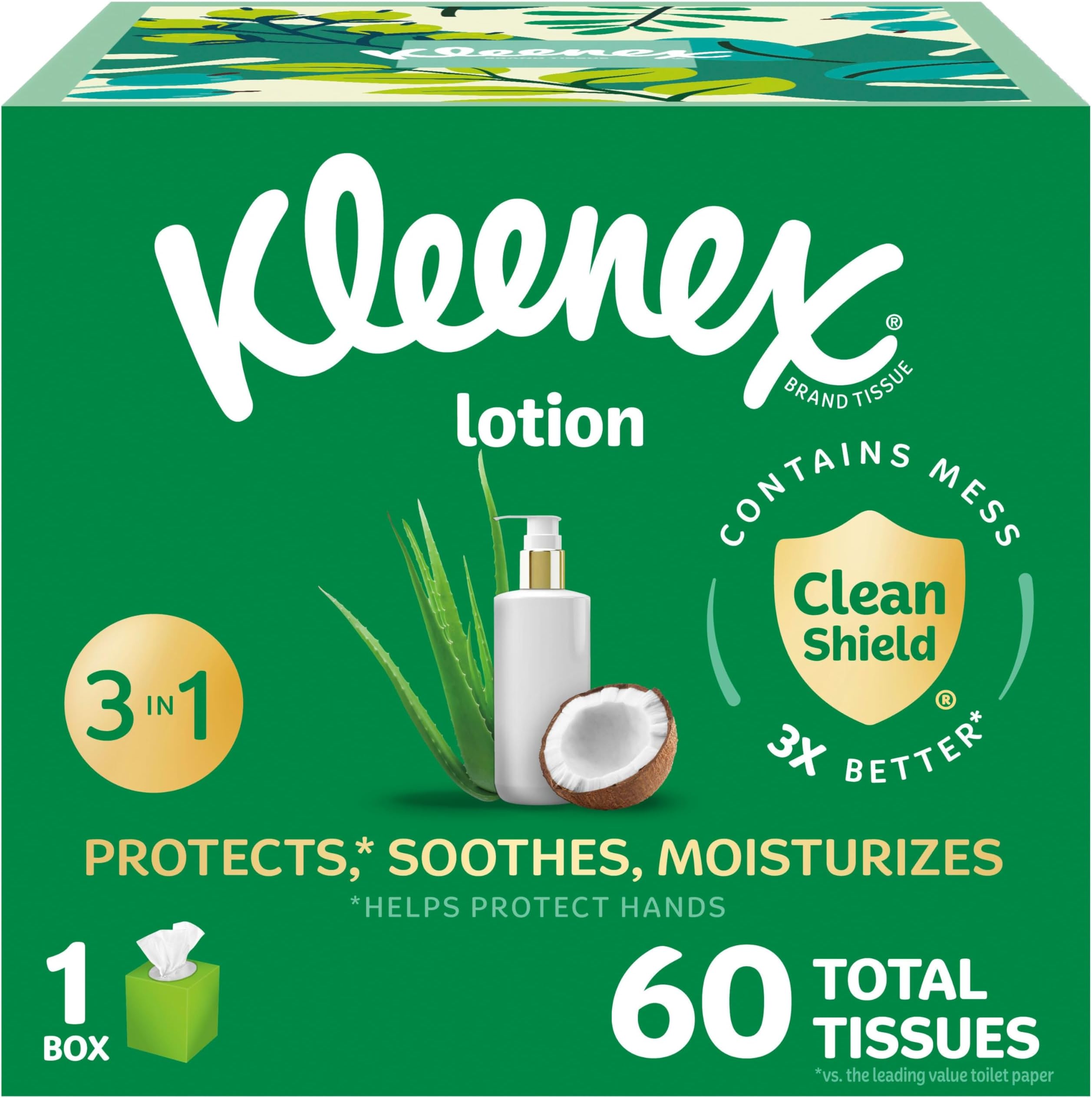 Soothing Lotion Facial Tissues with Coconut Oil, Aloe & Vitamin E, 1 Cube Box, 60 Tissues per Box, 3-Ply (60 Total Tissues)