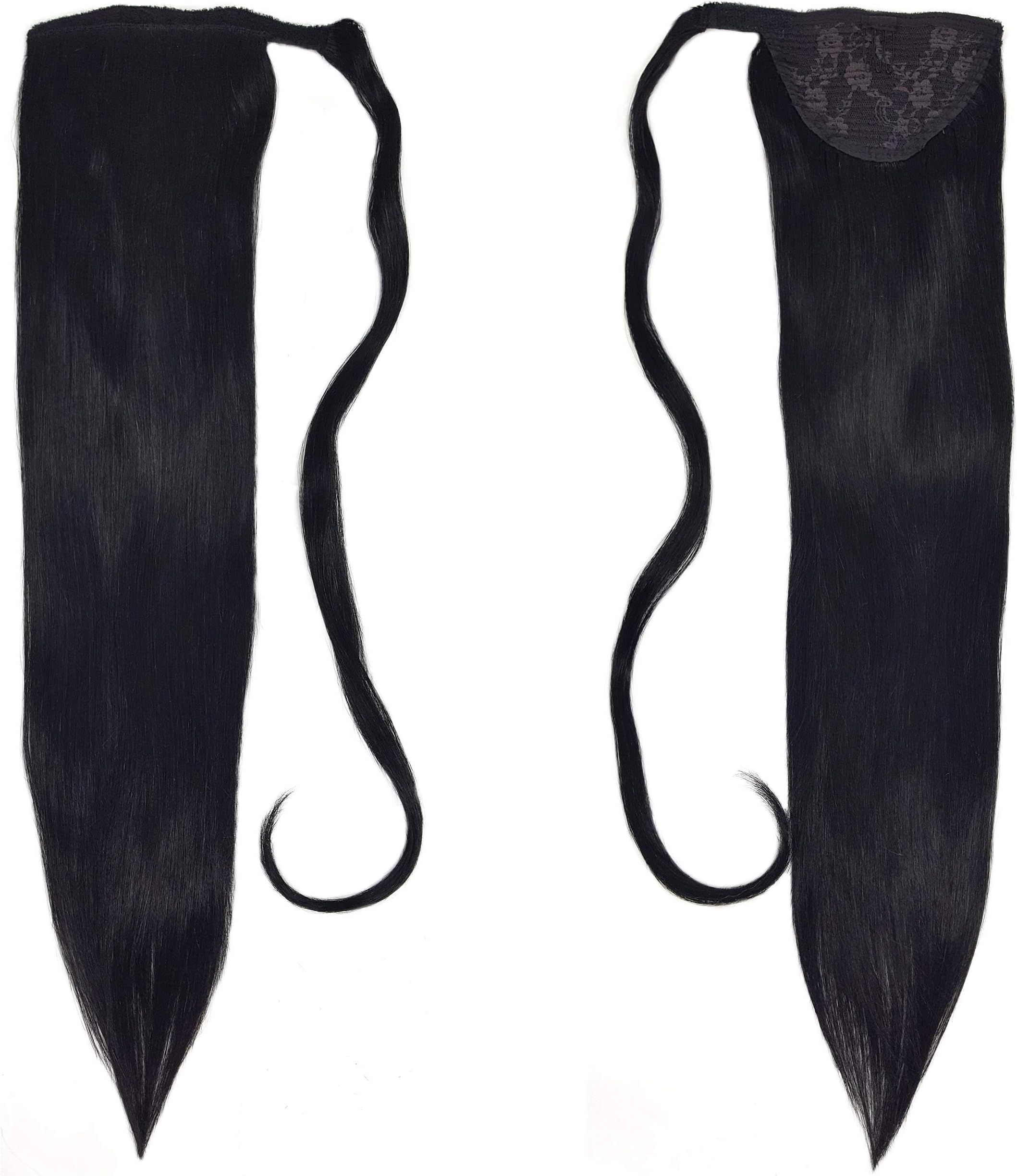 Human Hair Ponytail Extension Wrap 20” 100% Real Remy Premium Grade AAAAA 80 Grams Long Straight Human Hair Silky Soft by Knockout Hair (#01 Jet Black)