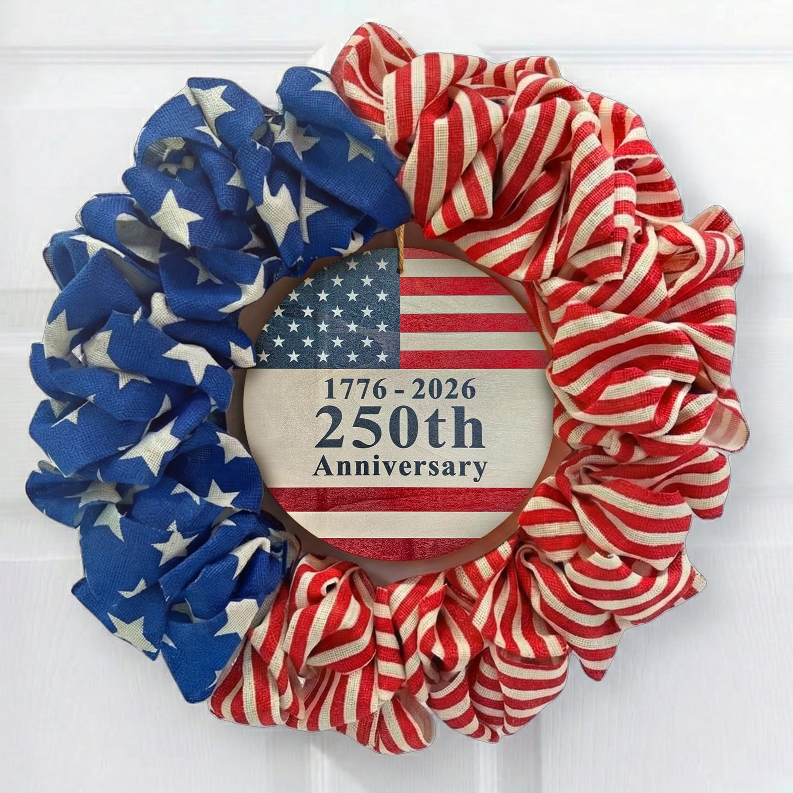 4th of July Wreath for Front Door - 20 inch Memorial Day Patriotic Decorations Outdoor, Red White and Blue 1776-2026 USA 250th Anniversary Burlap