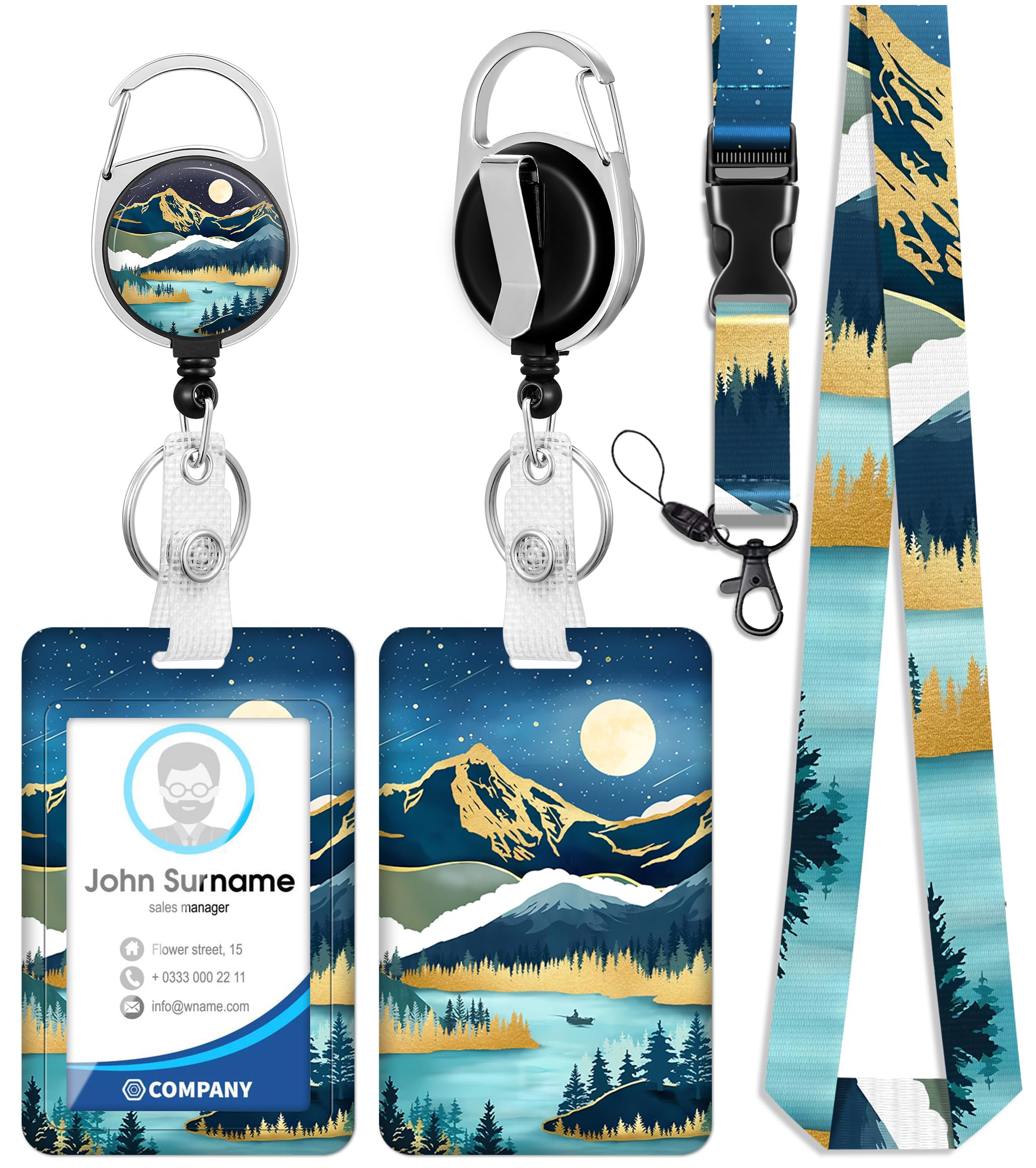 Plifal ID Badge Holder with Lanyard and Retractable Badge Reel Belt Clip,Mountain Sunset Keychain Lanyards Clip on Badge Extender Vertical ID Sleeve