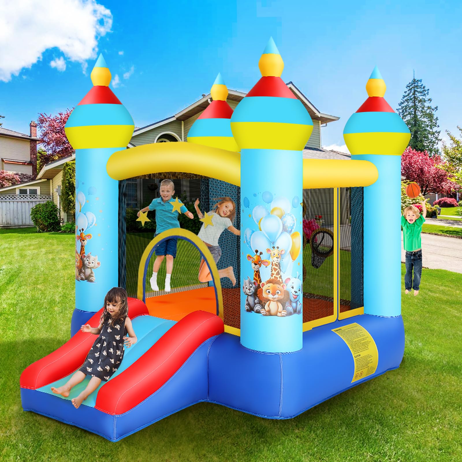 Château Gonflable pour Enfants avec Toboggan, Souffleur, Parc Zoologique Bleu, Château Gonflable pour Enfants avec Souffleur Et Tir De Balles, Maison Gonflable Intérieure/Extérieure (Bleu)
