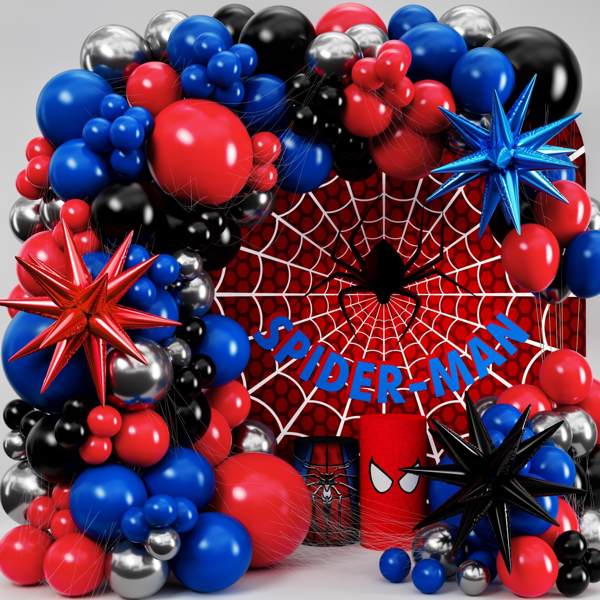 ALL-IN-1 Spider Balloon Arch Kit with BONUS Starburst Balloons for Spider Birthday Decorations - Red Blue Spidey Balloon for Spider Party Decorations