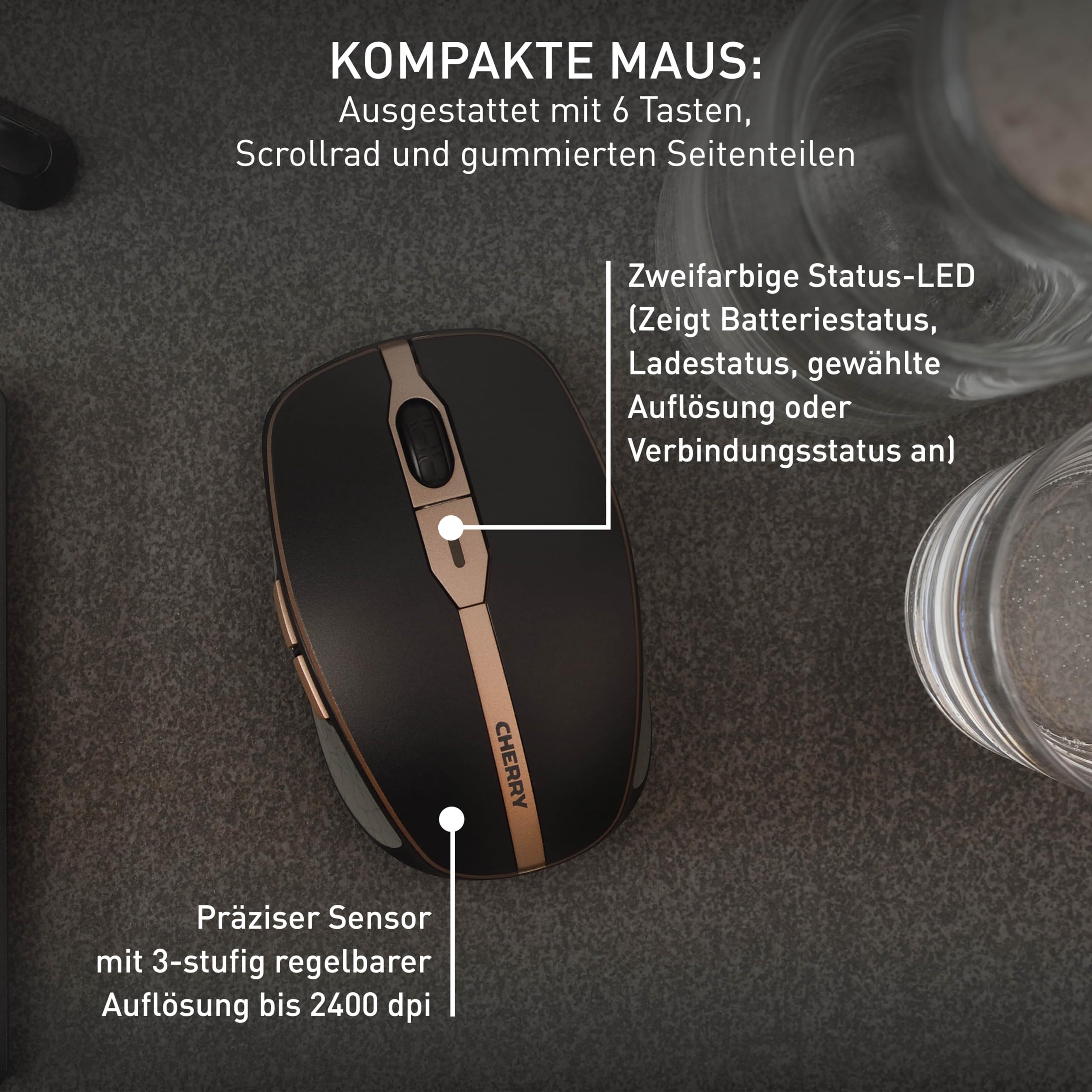 CHERRY DW 9100 Slim, Kabelloses Tastatur-Maus-Set, Tschechisches/Slowakisches Layout (QWERTZ/QWERTY), Bluetooth & 2,4 GHz Funk, Wiederaufladbar, Schwarz-Bronze