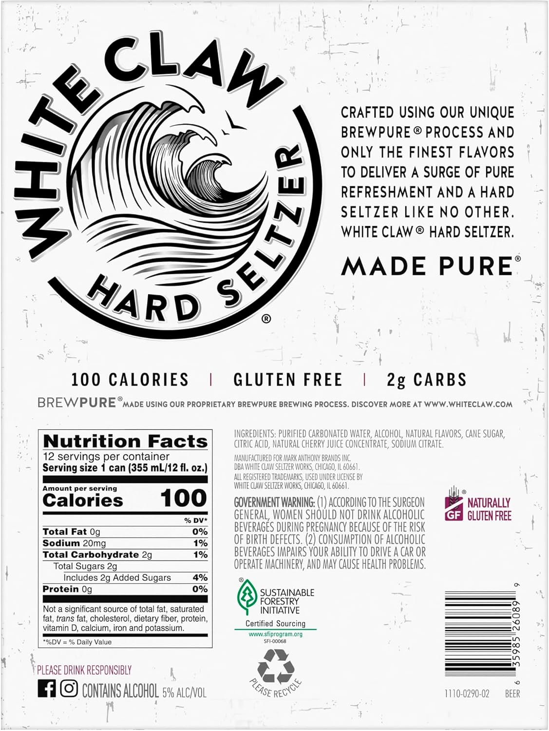 White Claw Hard Seltzer Black Cherry, 12 oz cans, 5% ABV (Pack of 12)