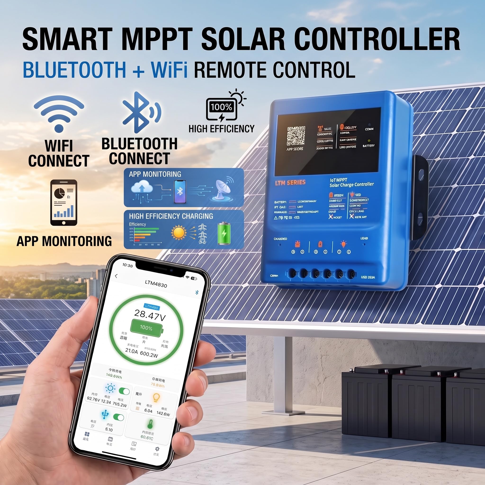 MPPT solarny regulator ładowania 30 A, 12 V, 24 V, 36 V, 48 V, 120 V, PV z aplikacją WiFi Bluetooth – inteligentny kontroler ładowania solarnego do przyczep kempingowych LiFePO4 AGM Off-Grid