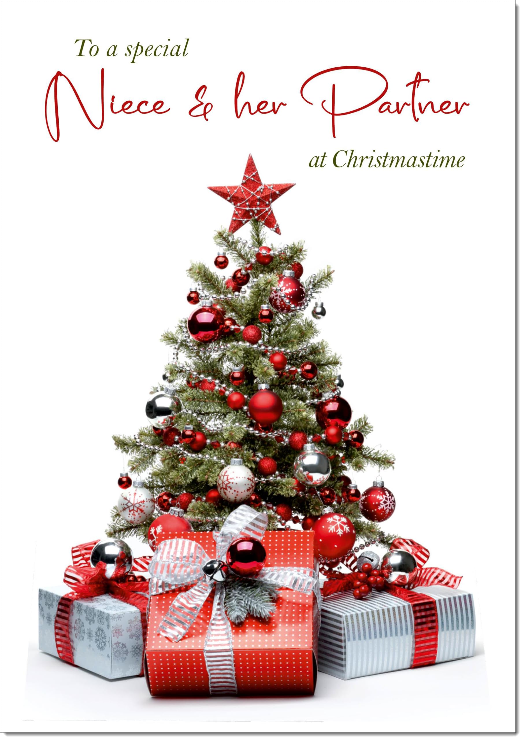 doodlecards Niece and Partner Christmas Card Christmas Tree and Parcels Large A4 Size Christmas Card for Niece & Partner with Plain Envelope — image 1