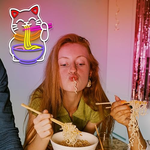 Miniatura 6 de Letrero de neón de ramen con texto en inglés "Fortune Cat", luces LED de neón regulables para decoración de pared, restaurante, cocina, ramen,
