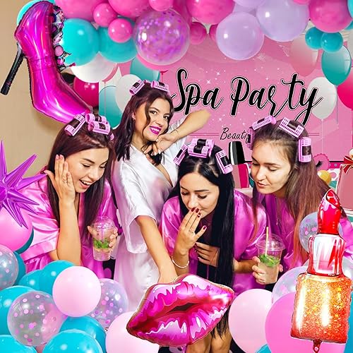 Miniatura 5 de 127 piezas de suministros de fiesta de spa para niñas, decoración de cumpleaños con guirnalda de globos, globos de papel de aluminio, telón de