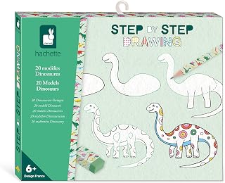 Janod - Step by Step Drawing - Zeichnen lernen - 20 Dino-Modelle - Zeichenset für Kinder - Zeichen- und Konzentrationsförderung – Ab 6 Jahren – J09154, weiß schwarz