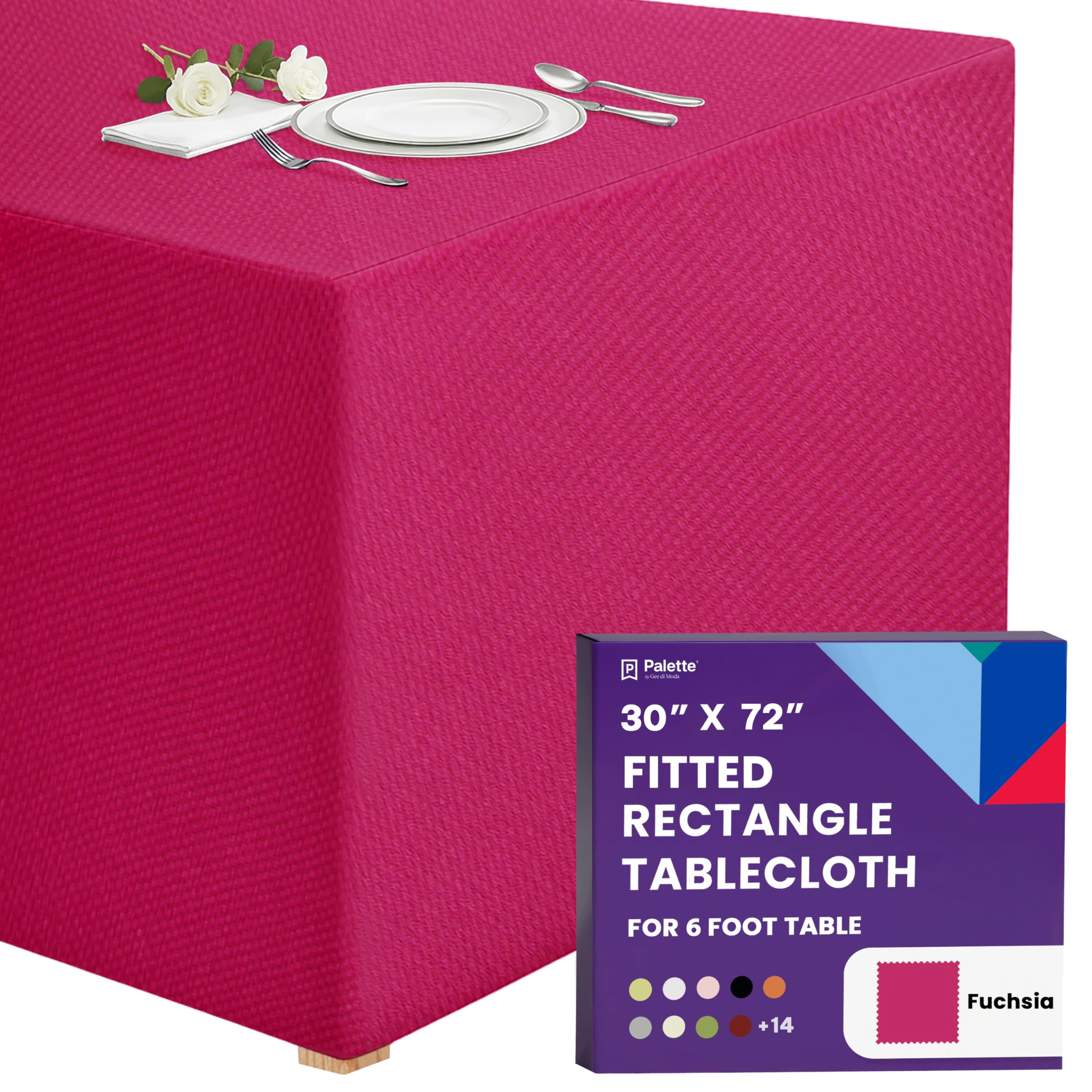Gee Di Moda Fitted Tablecloth - 72 x 30 Inch Fuchsia, Heavy Duty Washable Fabric - for 6 Ft Buffet Table, Holiday Party, Dinner, Wedding & Trade Show