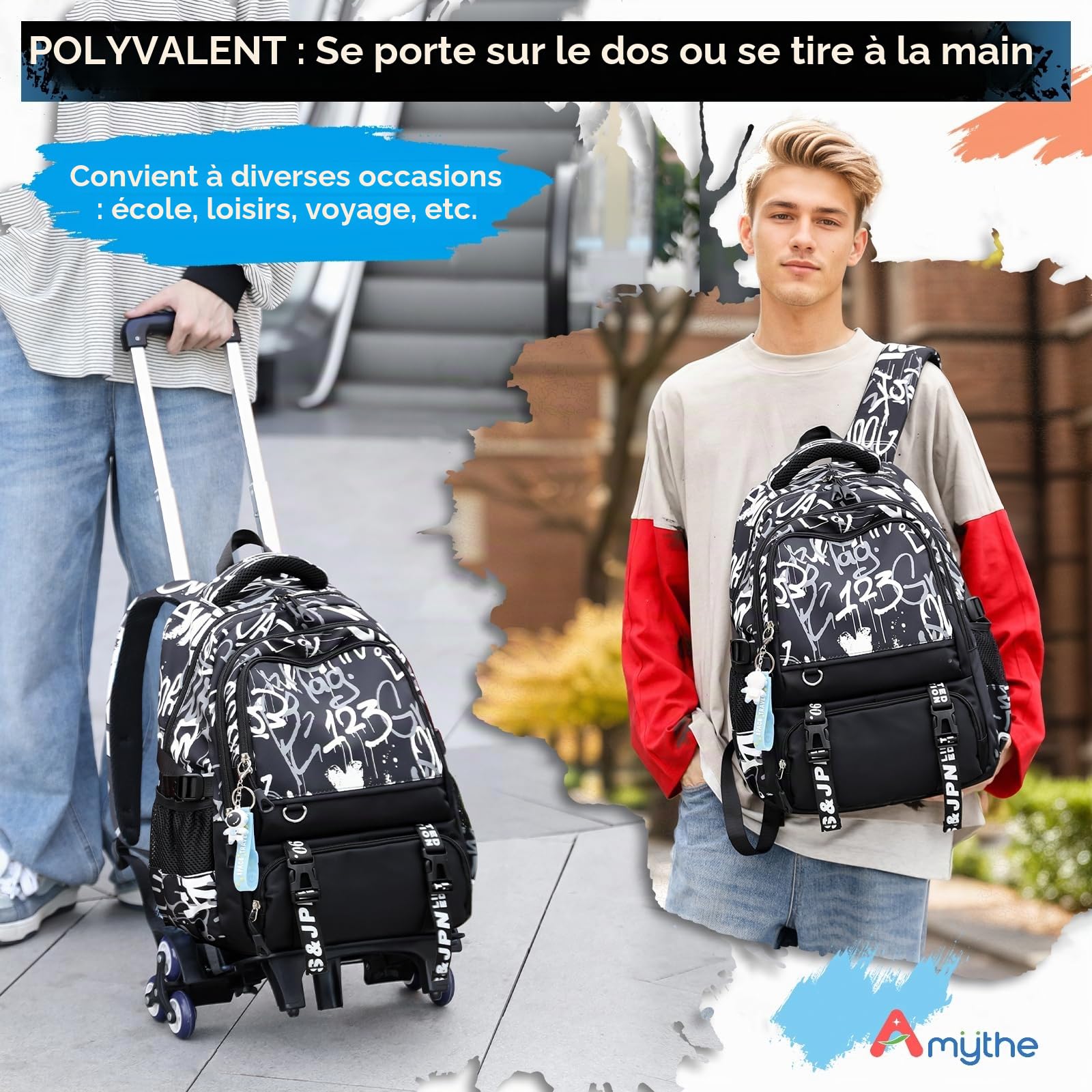 Amythe Cartable à Roulettes Garçons, Tendance de 16 pouces 6 Roues | Sac D'école Enfant Adolescent, Sac à Dos à Roulettes pour Garçon Primaire Collège - L'école, Voyages, Loisirs, Rentrée
