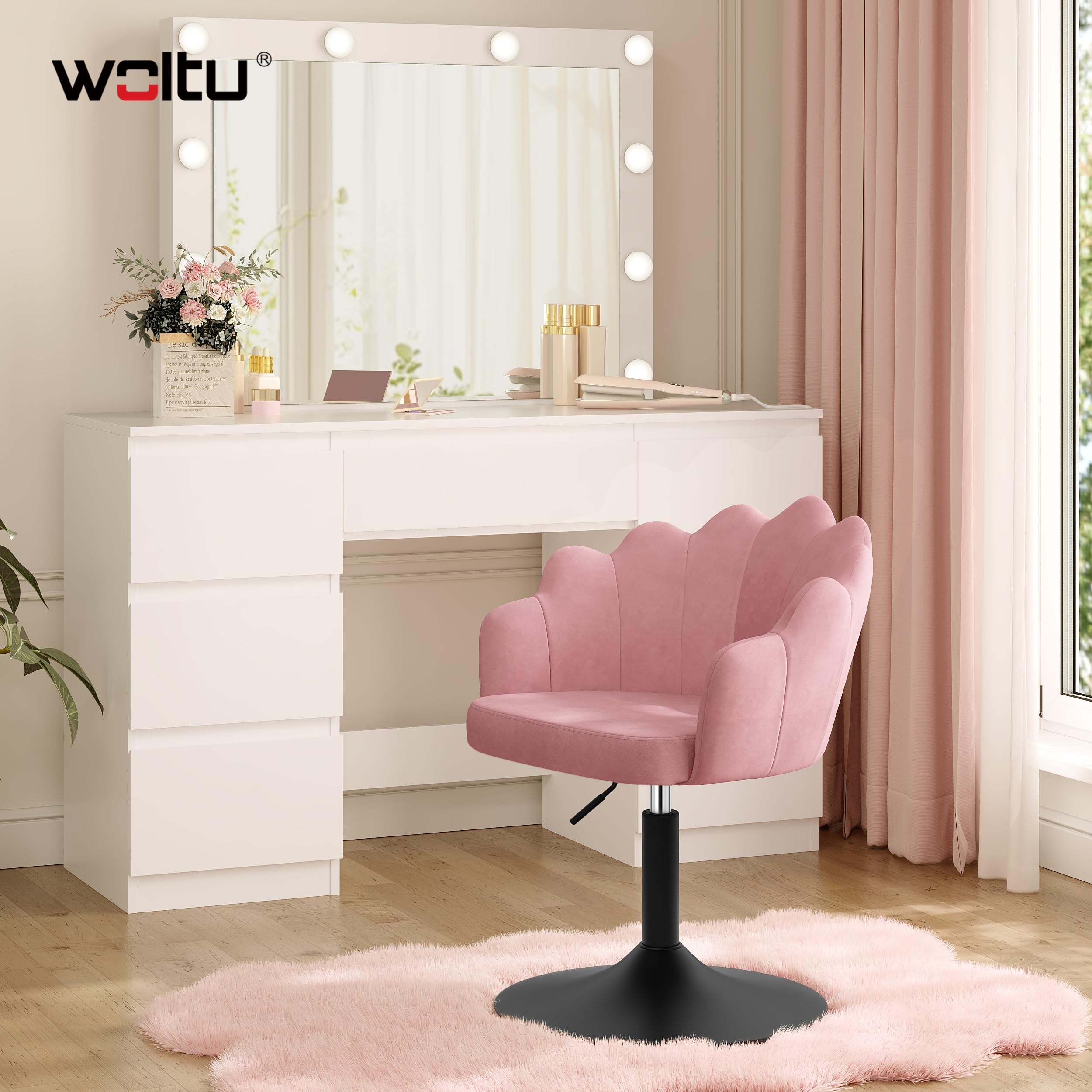 WOLTU Taburete de Tocador con Respaldo Pétalo en Terciopelo, Rosa | Altura Ajustable, Giratorio, para Tocador, Dormitorio, Oficina en Casa y Salón