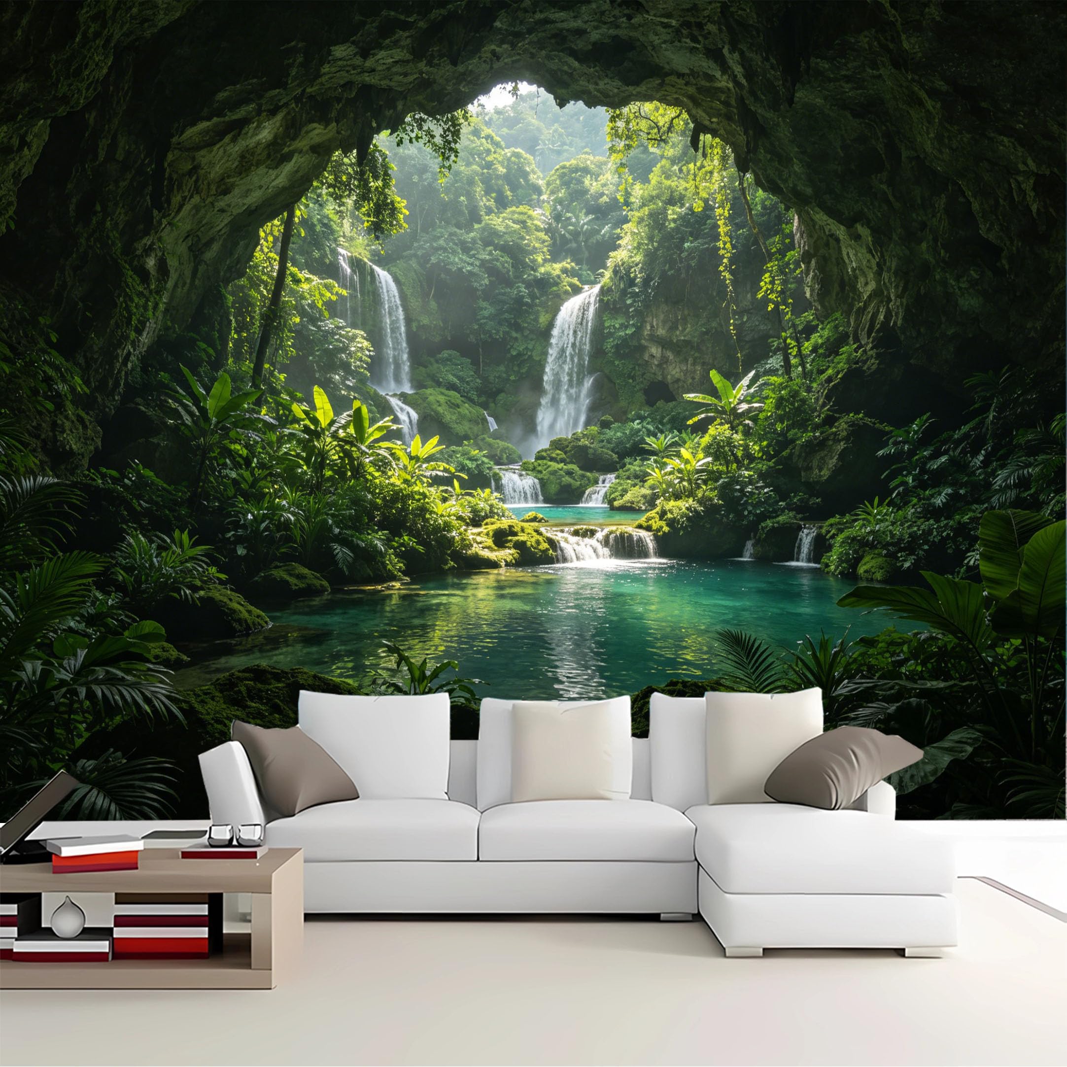Custom Size Wall Mural Cave View Lush Waterfall Jungle Removable Self Adhesive Peel and Stick Wallpaper for Bedroom Living Room Dining Room