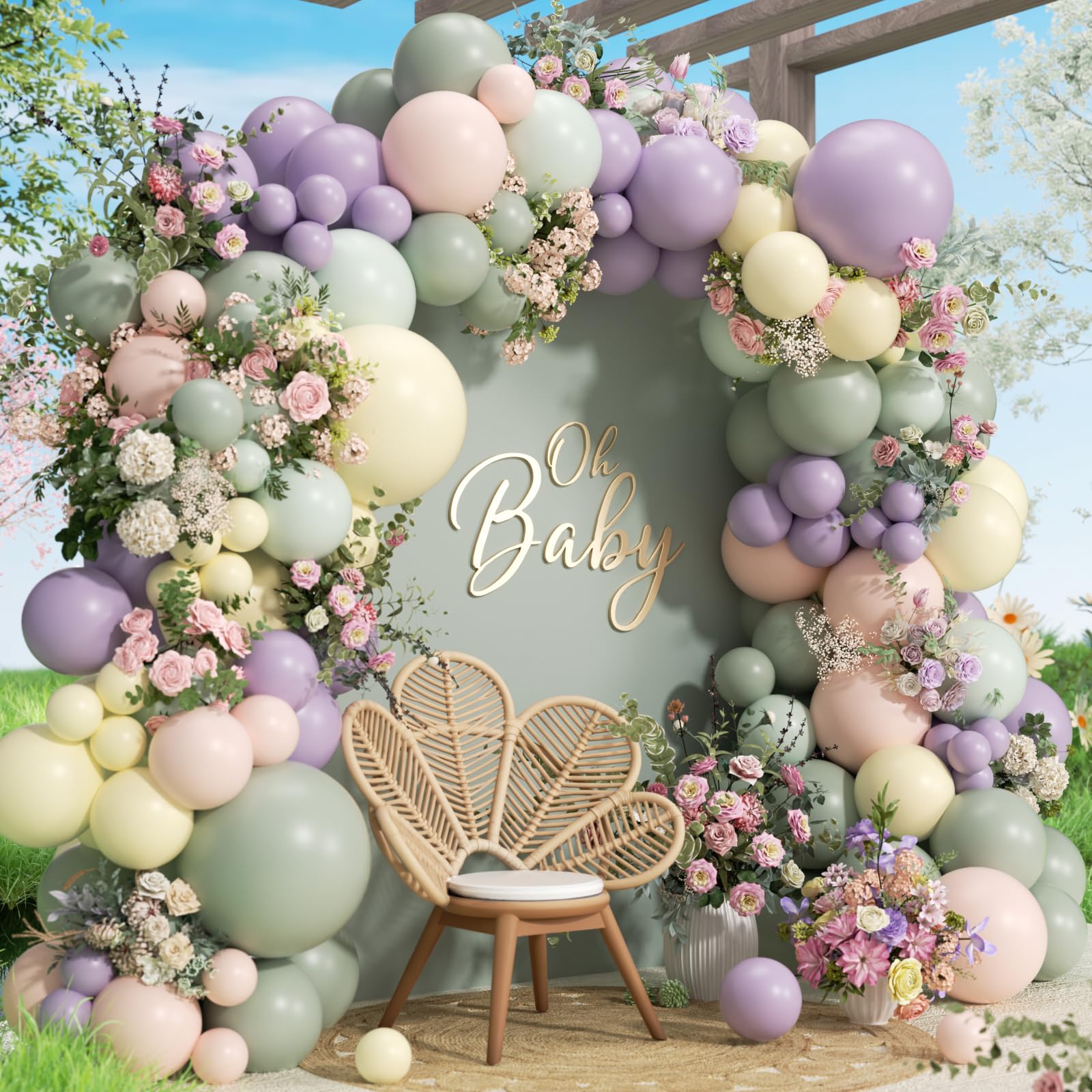 Photo 1 of 141pcs Pastel Balloon Arch Kit with Dusty Purple Green Pastel Yellow Pink Balloons for Floral Wildflower Flower Baby in Bloom Tea Baby Shower Wedding Birthday Party Decorations