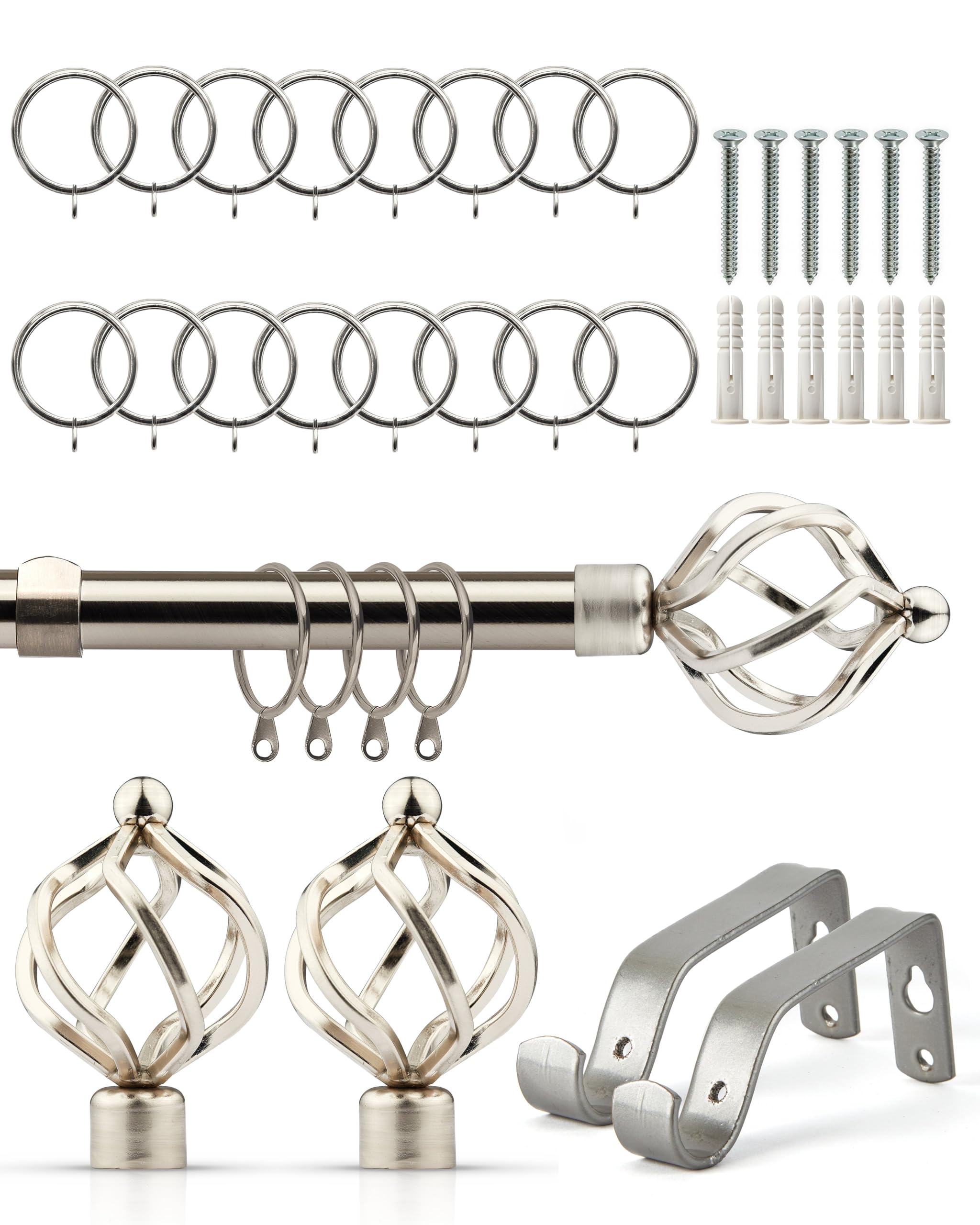 Bird Cage - Extendable Curtain Pole with Rings and Pair of End Finials in Brushed Silver - 1.2 - 2.1m - Emma Barclay  | TJ Hughes